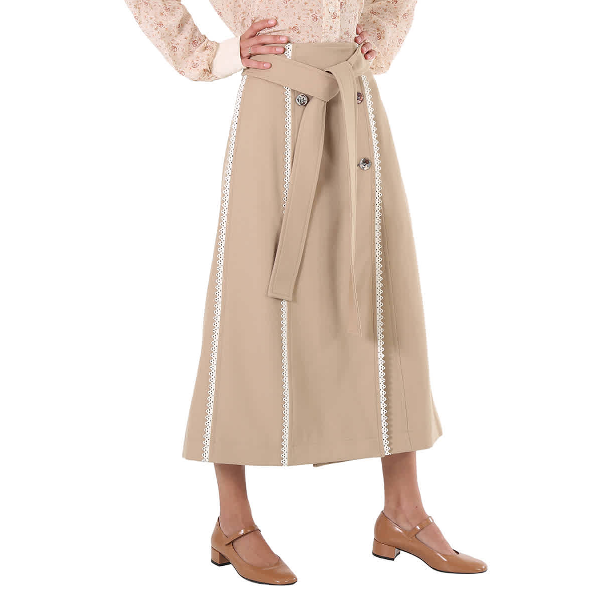Chloe Ladies Pearl Beige Scallop-Trim Belted Trench Skirt, Brand Size 36 (US Size 4)