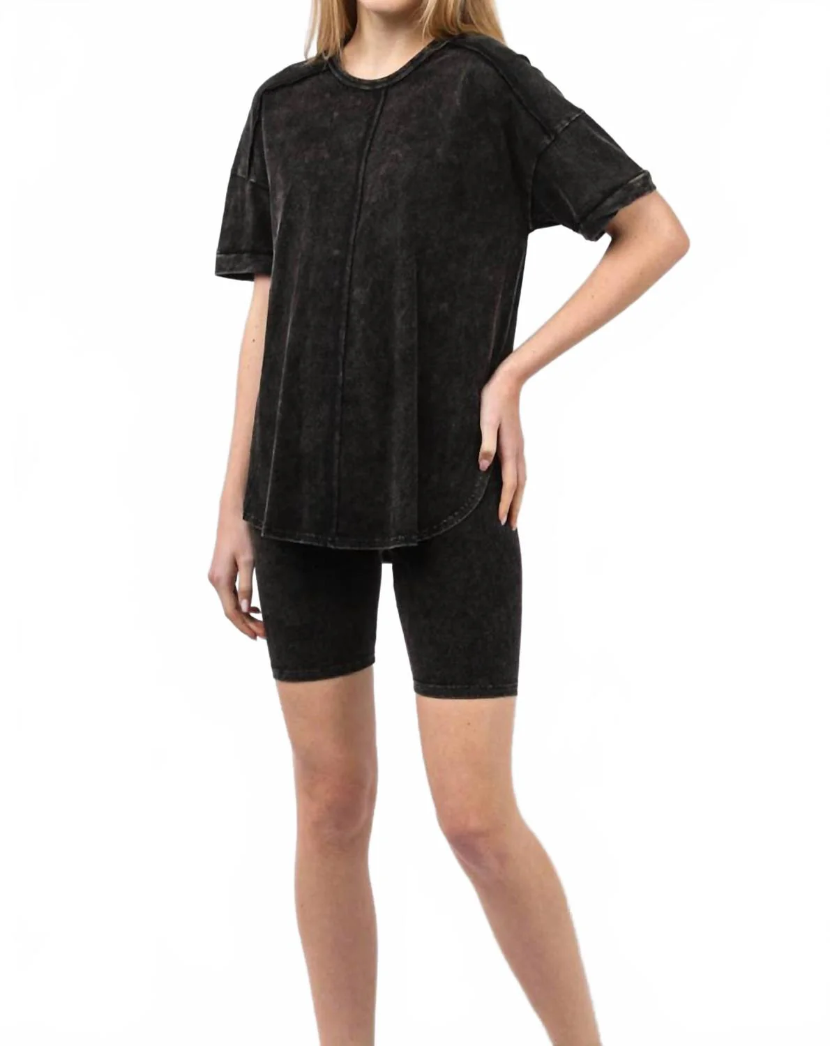 Comfy Washed Biker Top And Short Set In Black