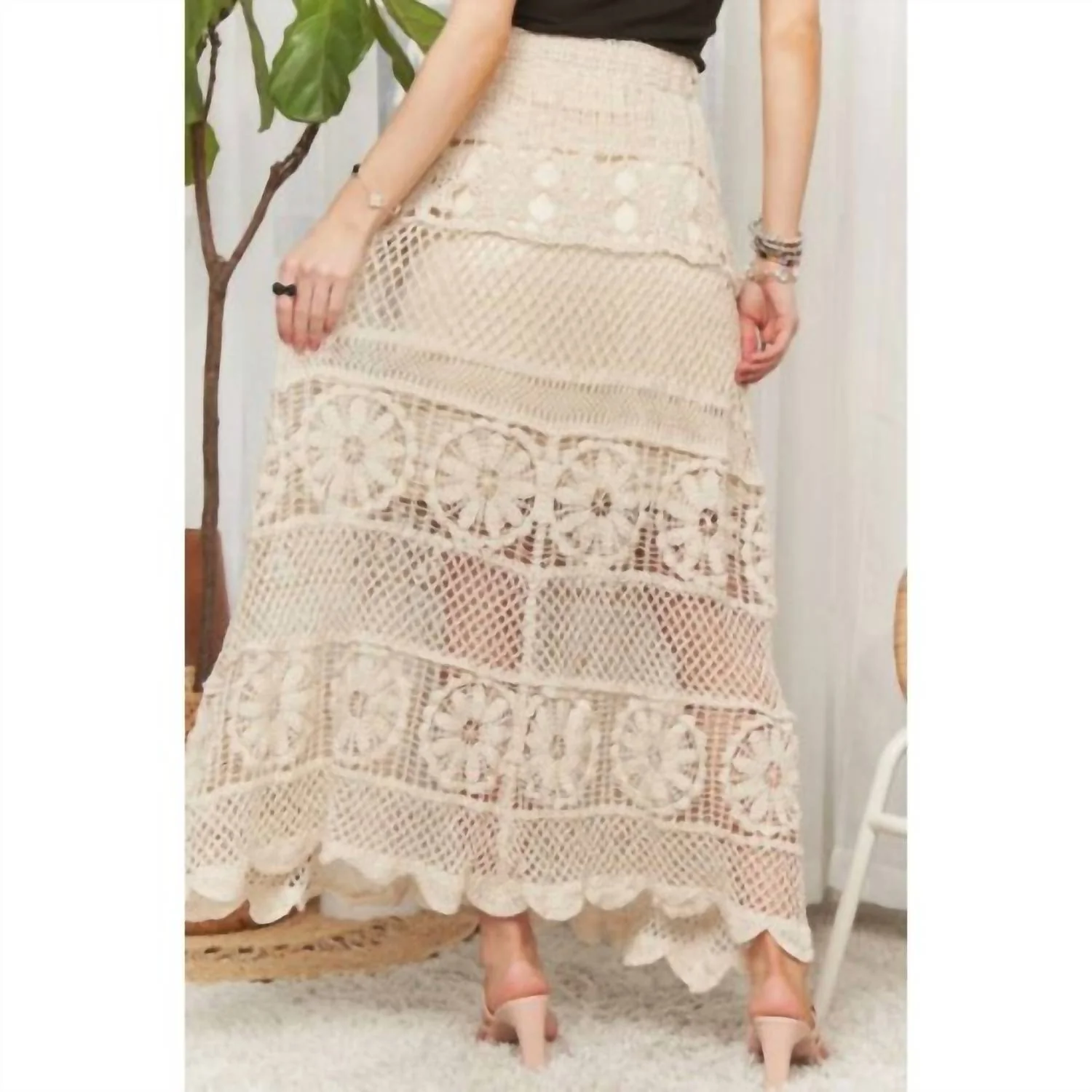 Crochet Lace Maxi Skirt In Beige