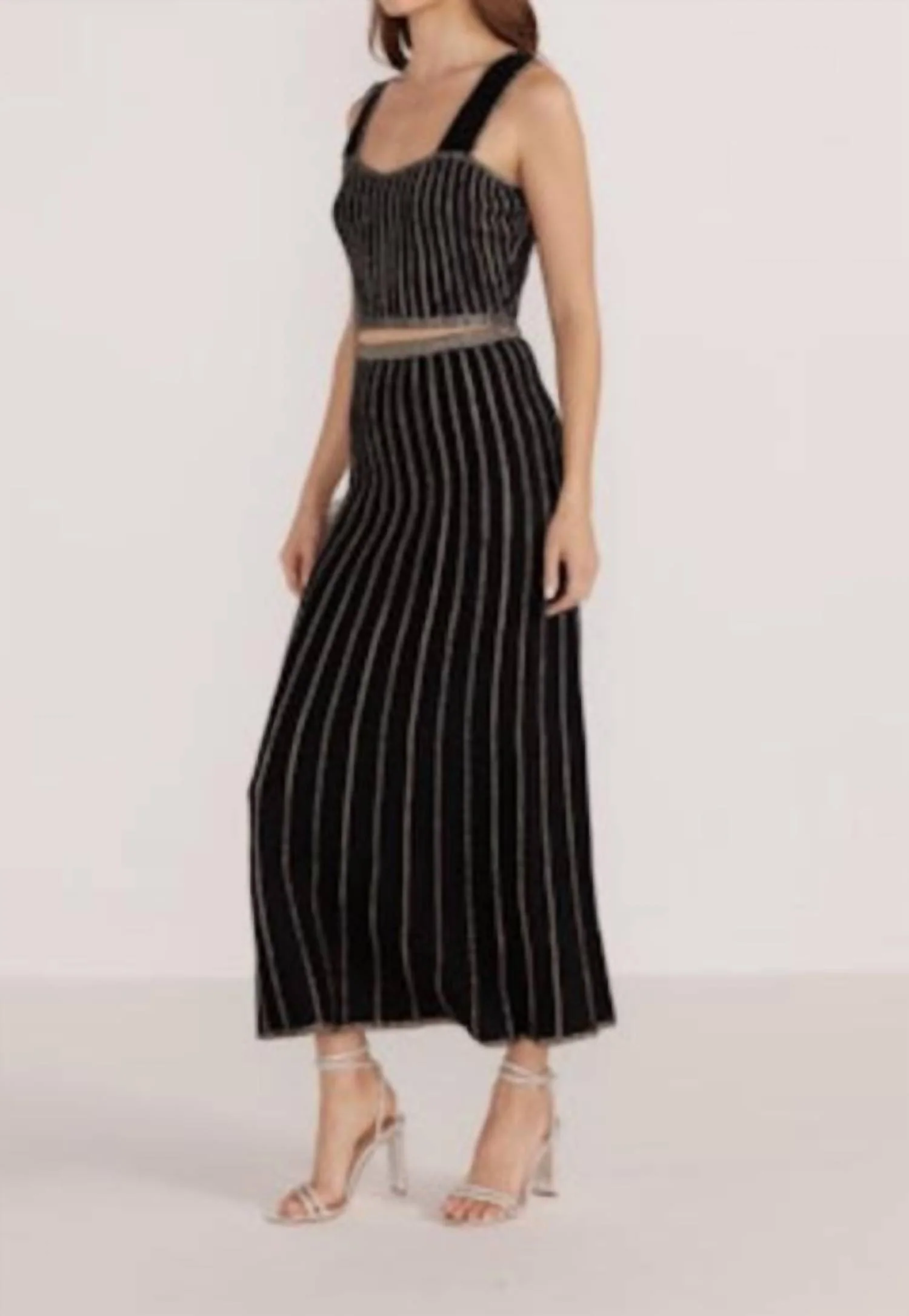 Celia Lurex Stripe Midi Skirt In Blk/champ