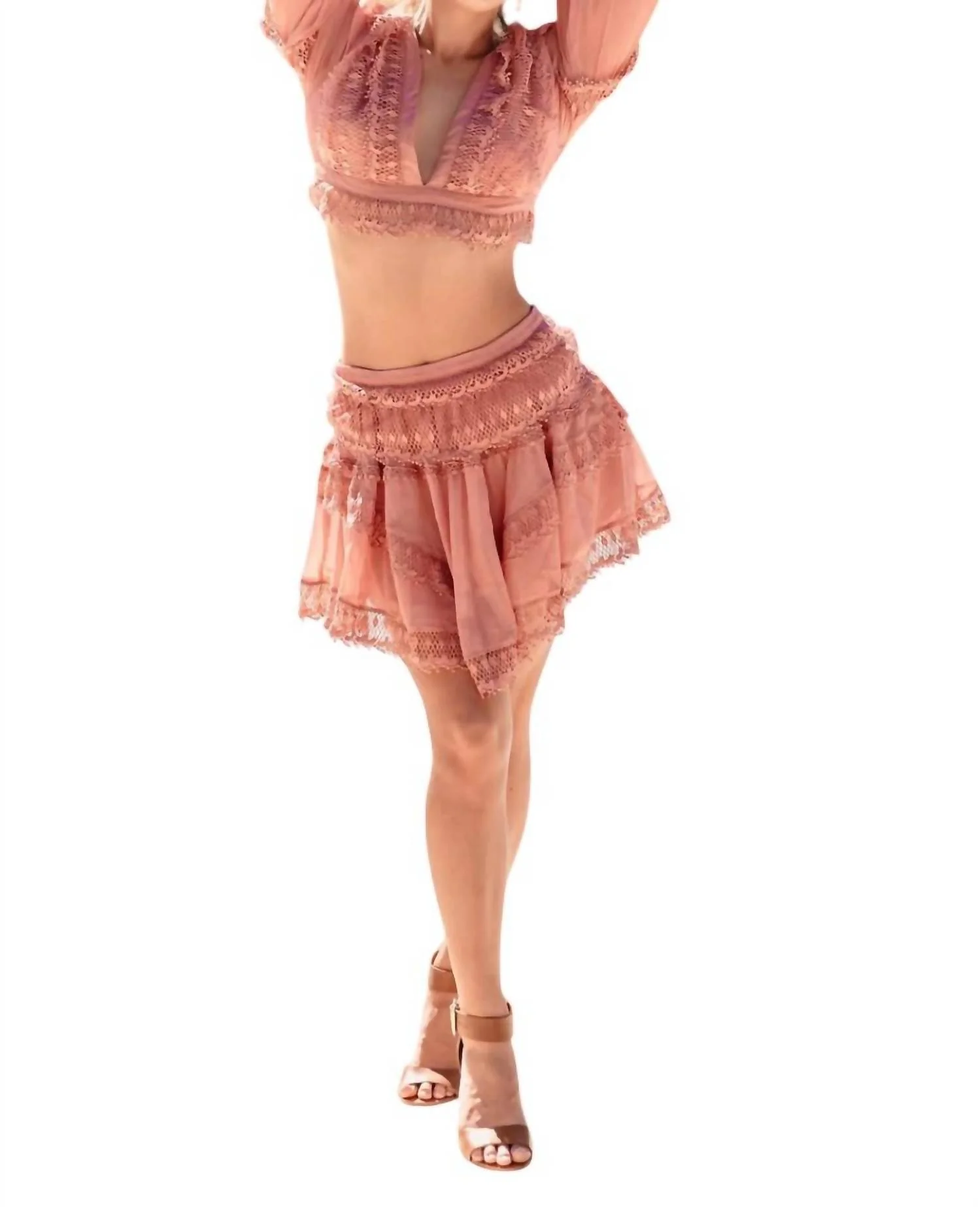Jennifer Chiffon Ruffle Lace Crop Top And Skirt Set In Mauve