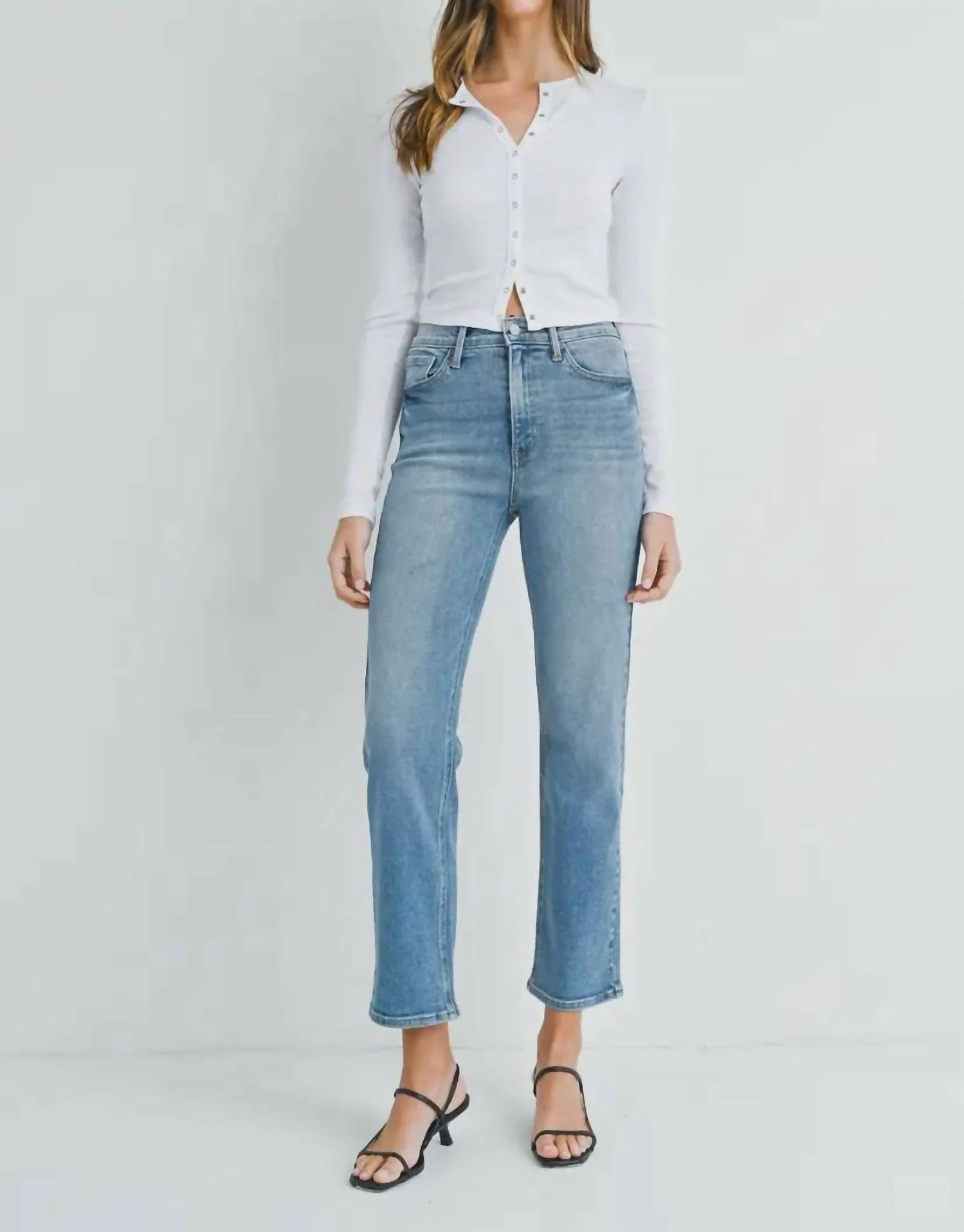 Denim High Rise Crop Straight Jeans In Medium Wash