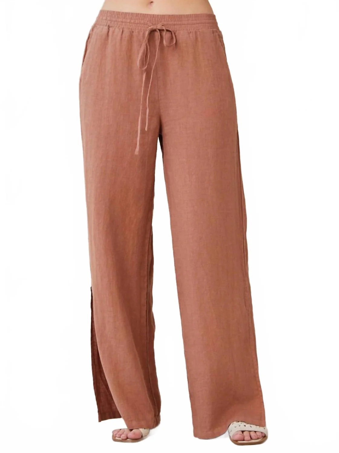 Linen Side Slit Wide Leg Pant In Brown