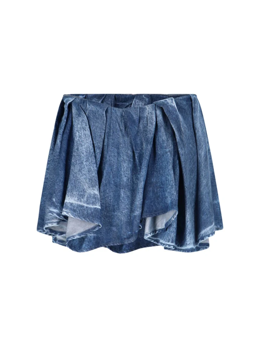 Draped Denim Mini Skirt With Raw Edges