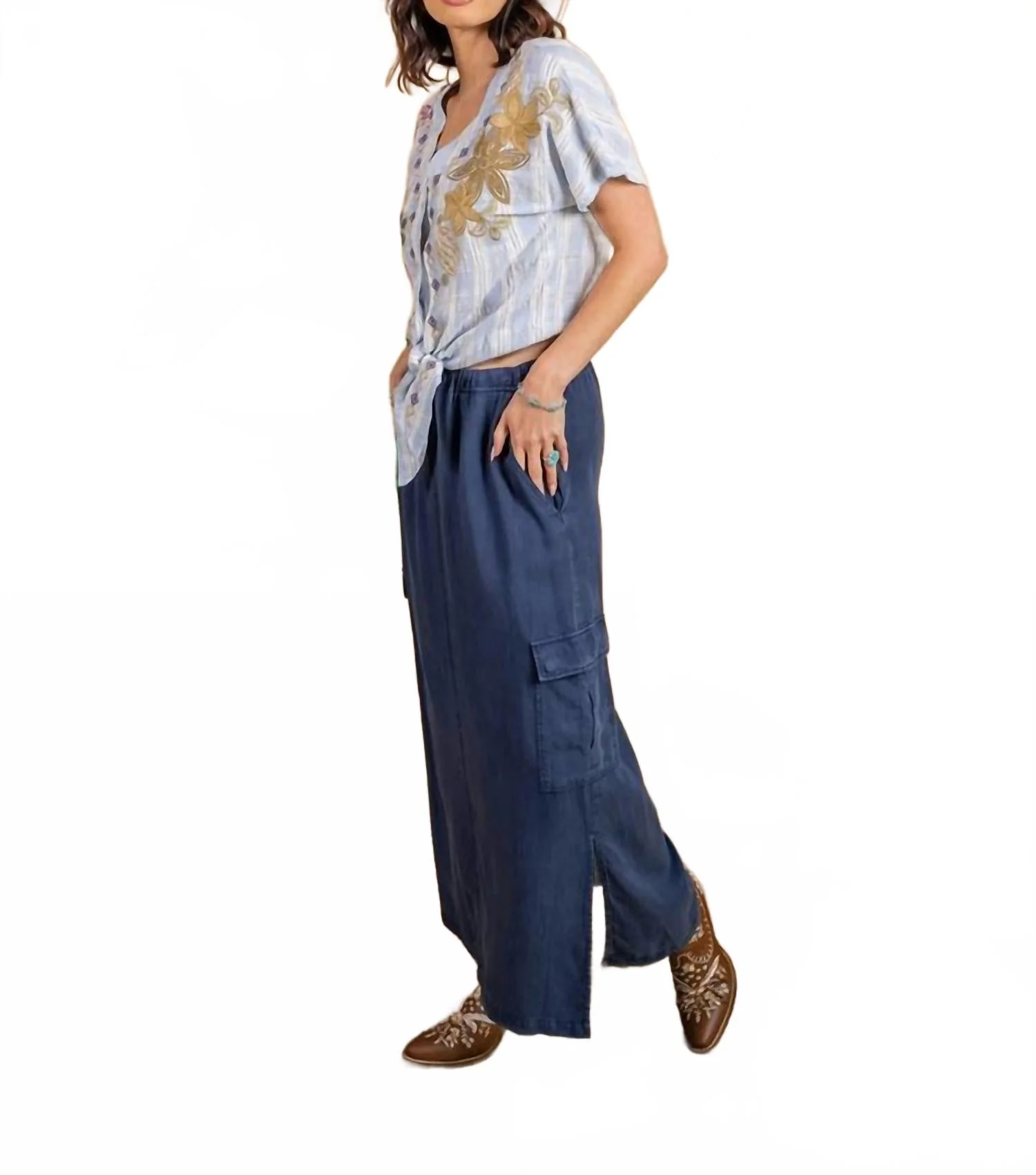 Tencel Slub Pull-On Cargo Skirt In Navy