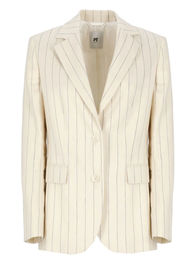 Ivory Striped Linen And Cotton Blazer With Classic Lapel