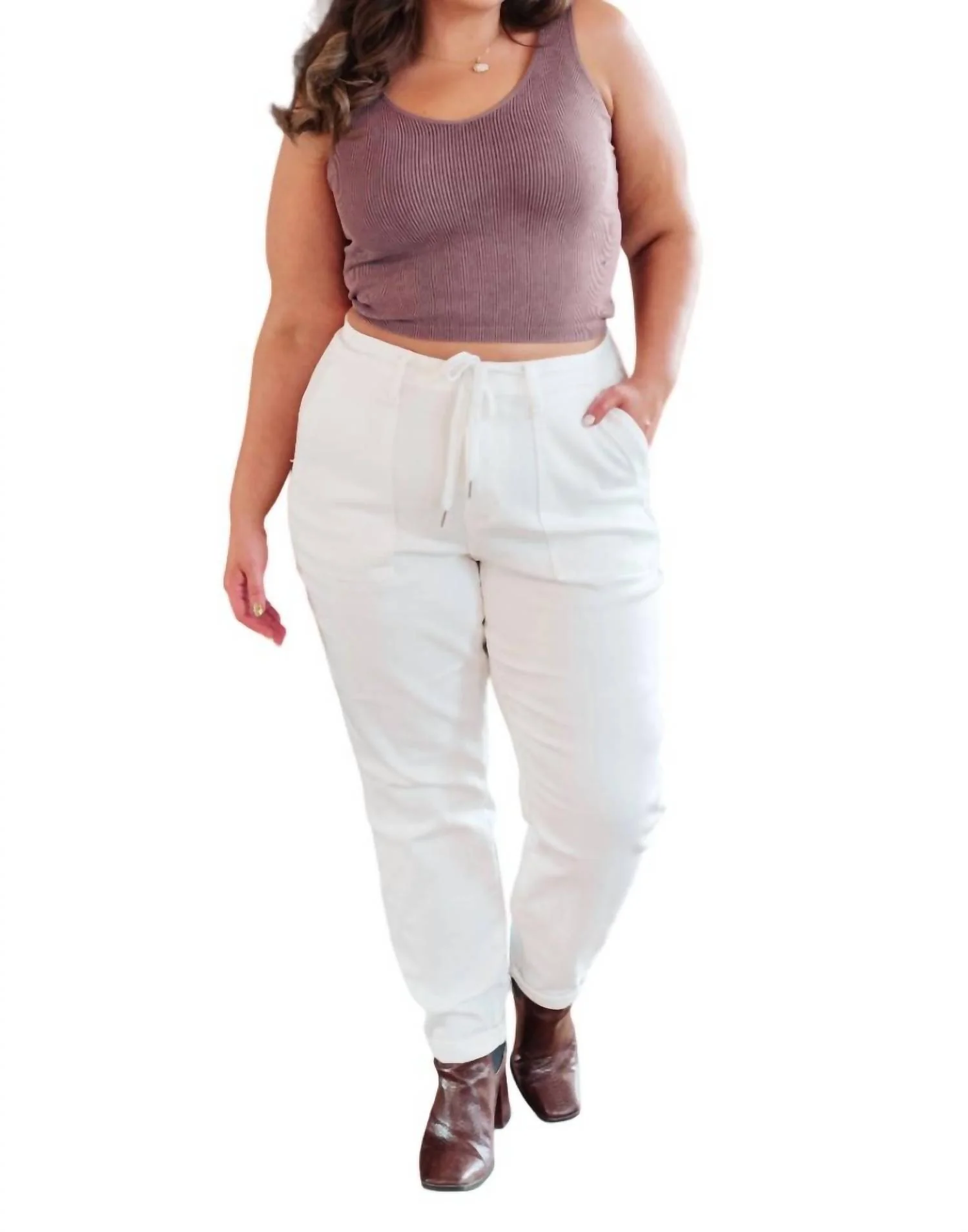 High Rise Contrast Thread Jogger In Ecru