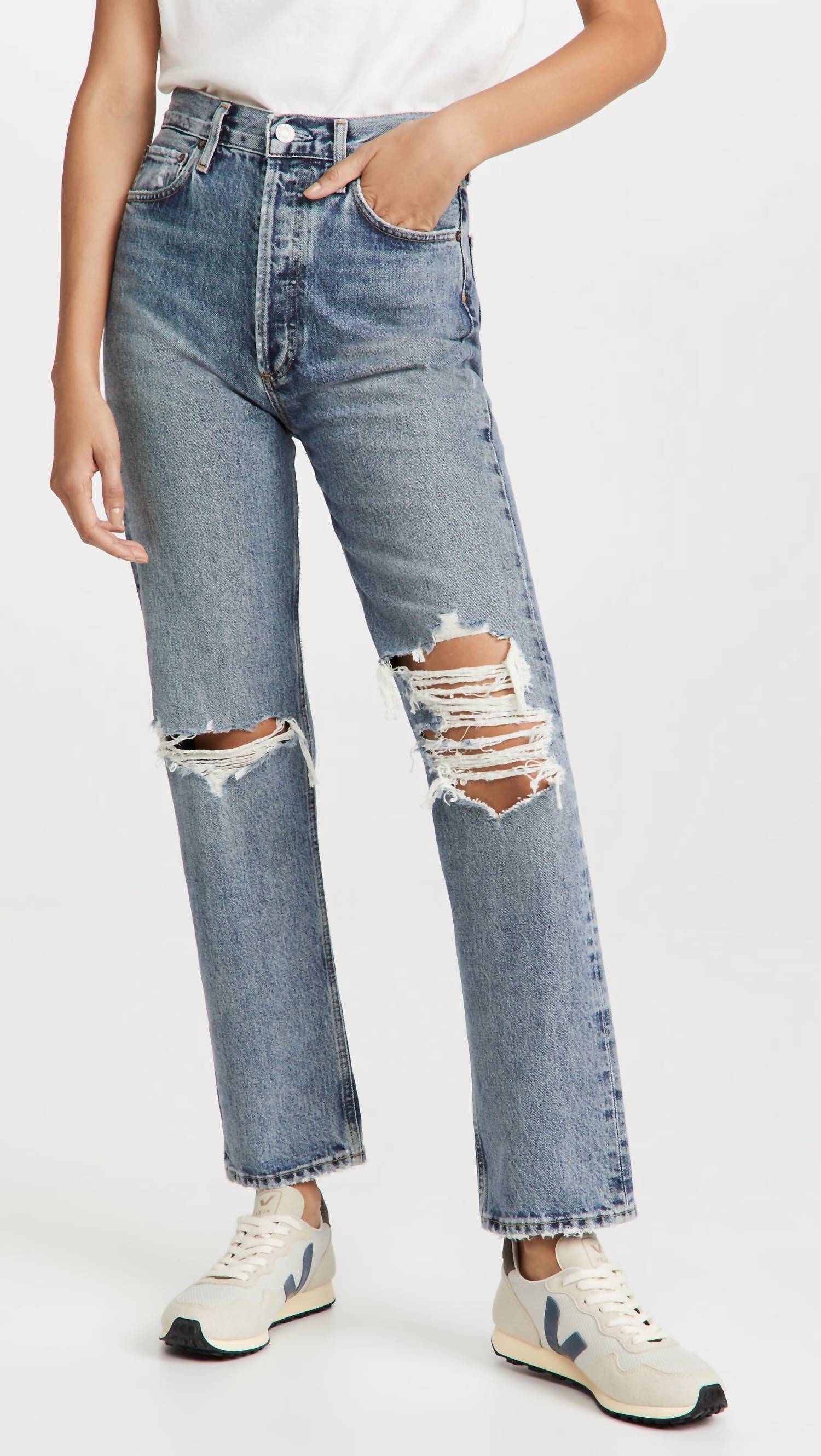 90's Pinch Waist Ripped High Rise Straight Jeans In Backdrop