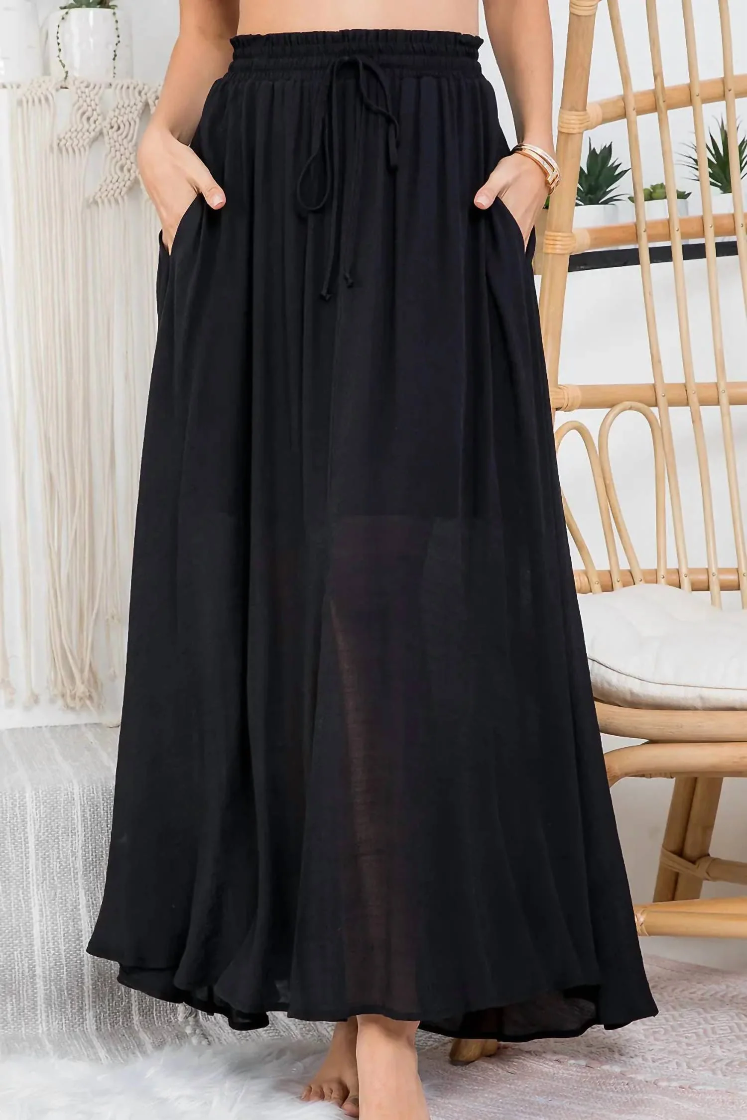 Curvy Smocked Drawstring Maxi Skirt In Black