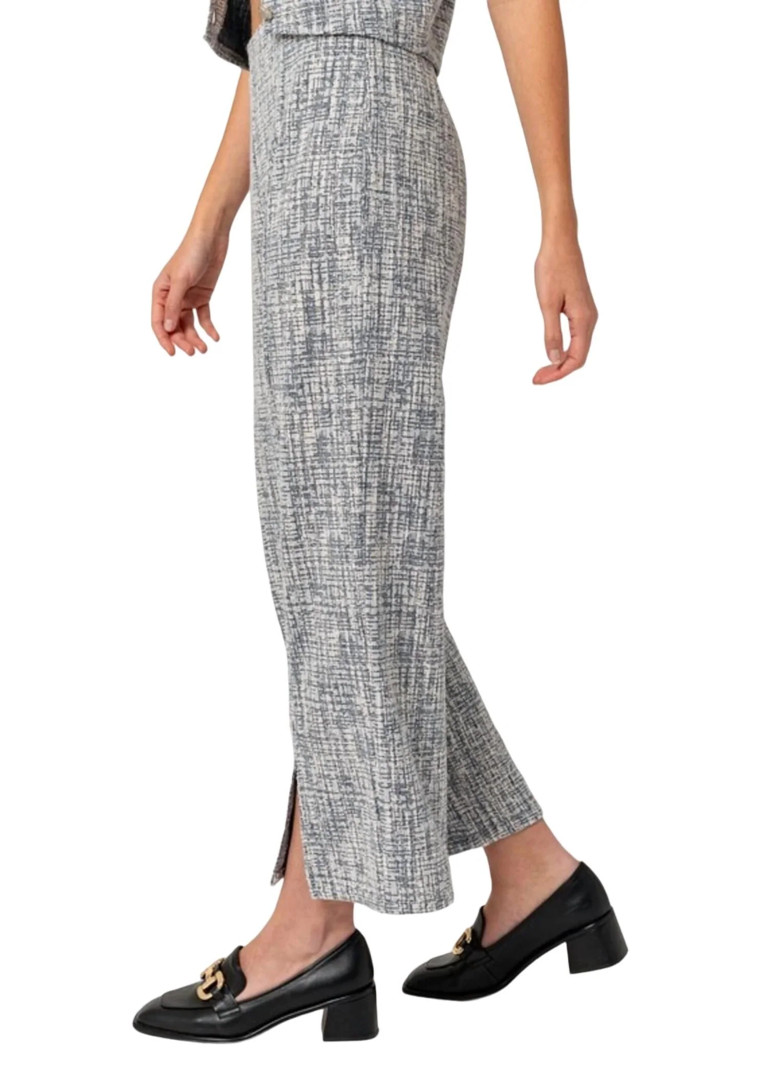 High Rise Split Hem Tweed Pants In White/navy