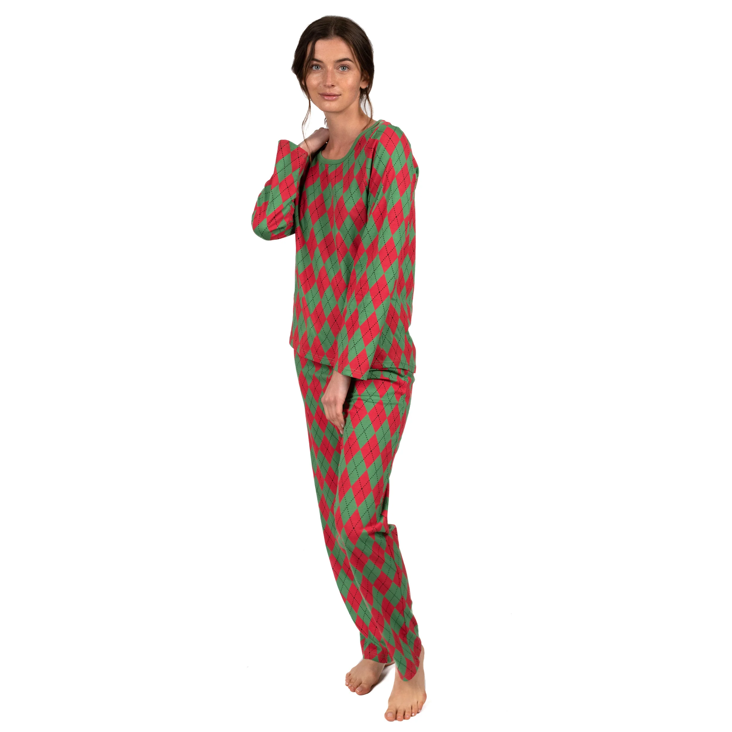 Christmas Womens Two Piece Cotton Loose Fit Pajamas Argyle