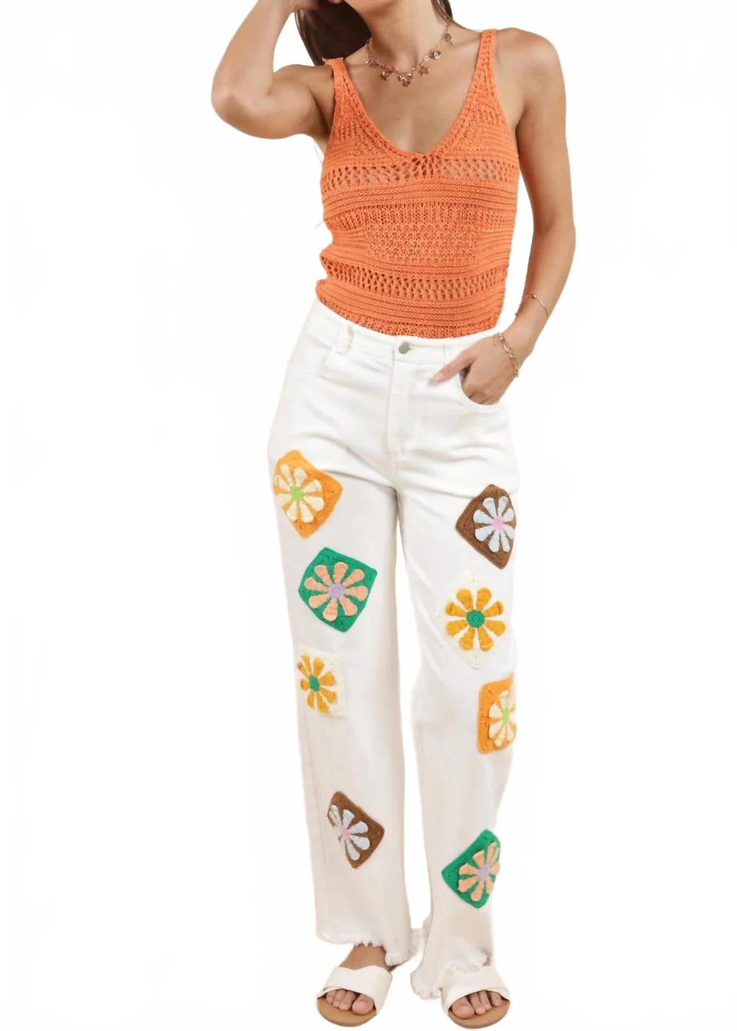 Full Bloom Denim Pants In White