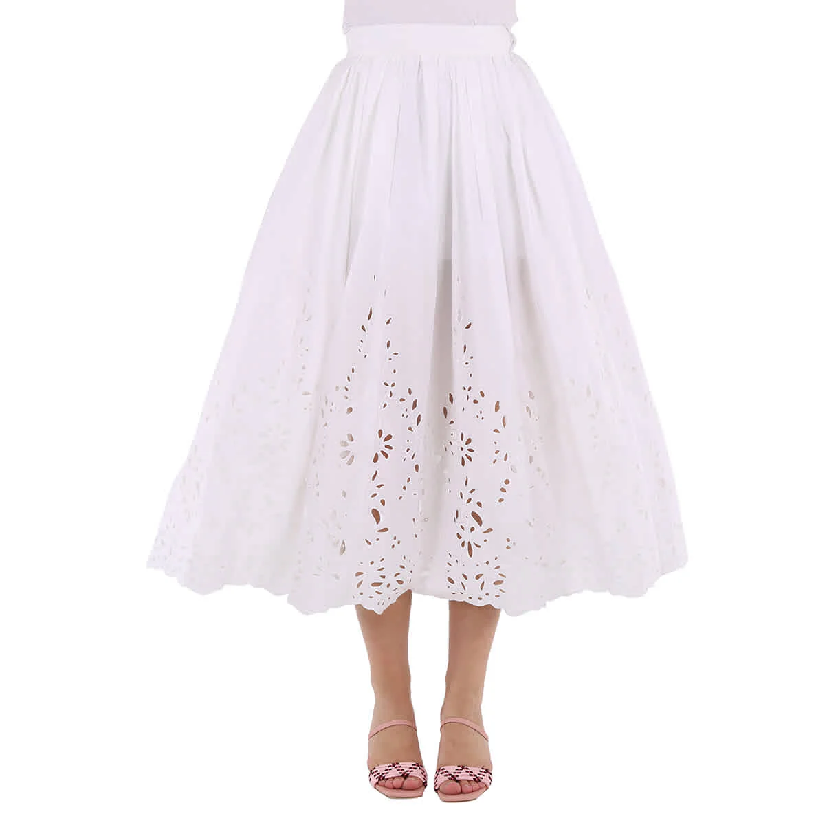 Chloe Ladies White Broderie Anglaise Flared Embroidered Midi Skirt