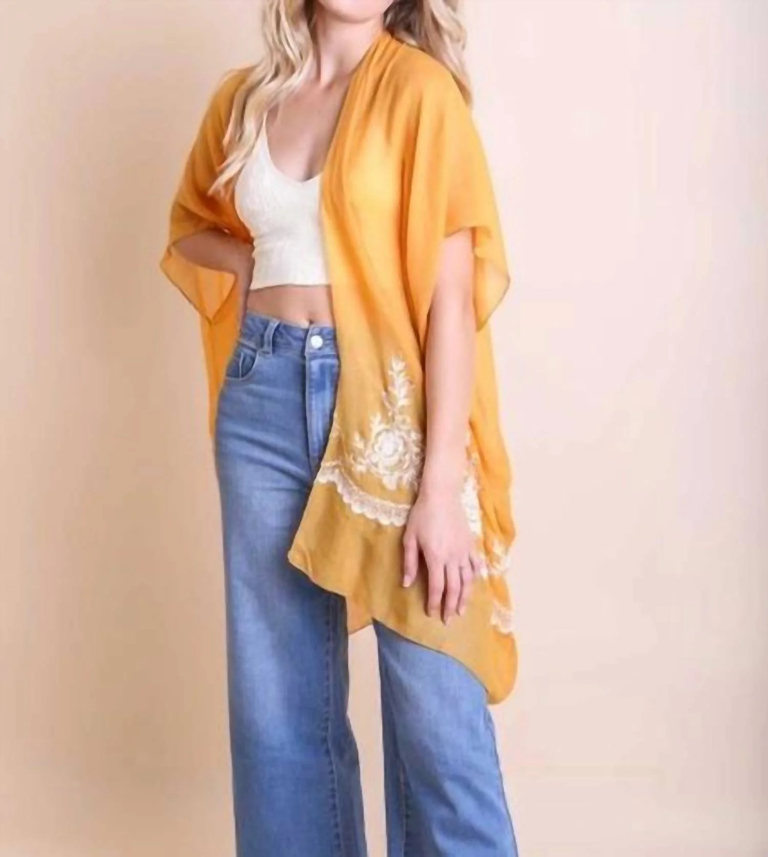Lightweight Floral Embroidered Tassels Boho Festival Kimono Wrap In Mustard