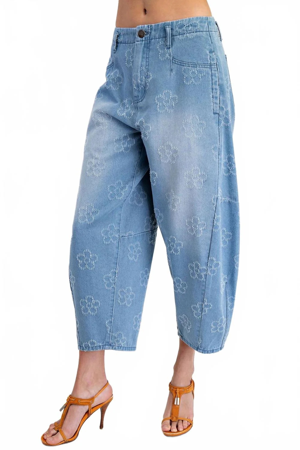Flower Patterned Washed Barrel Jeans In Washed Denim