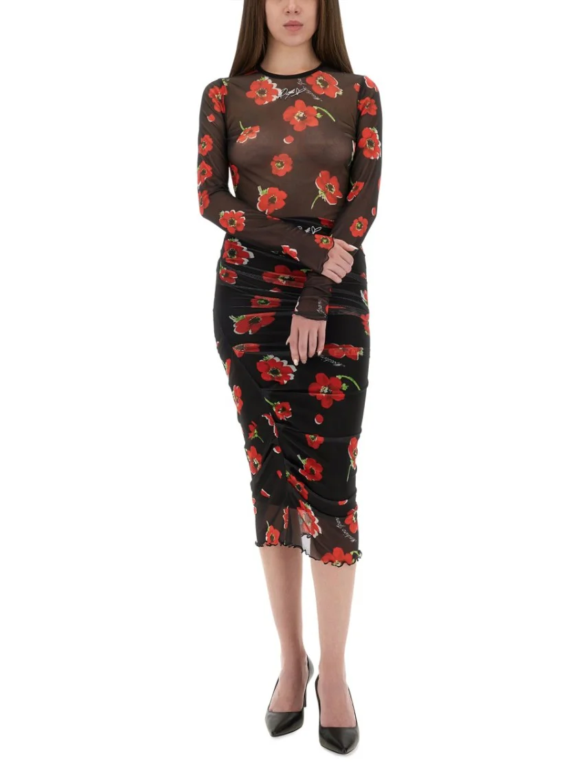 Scalloped Hem Floral Mesh Midi Skirt