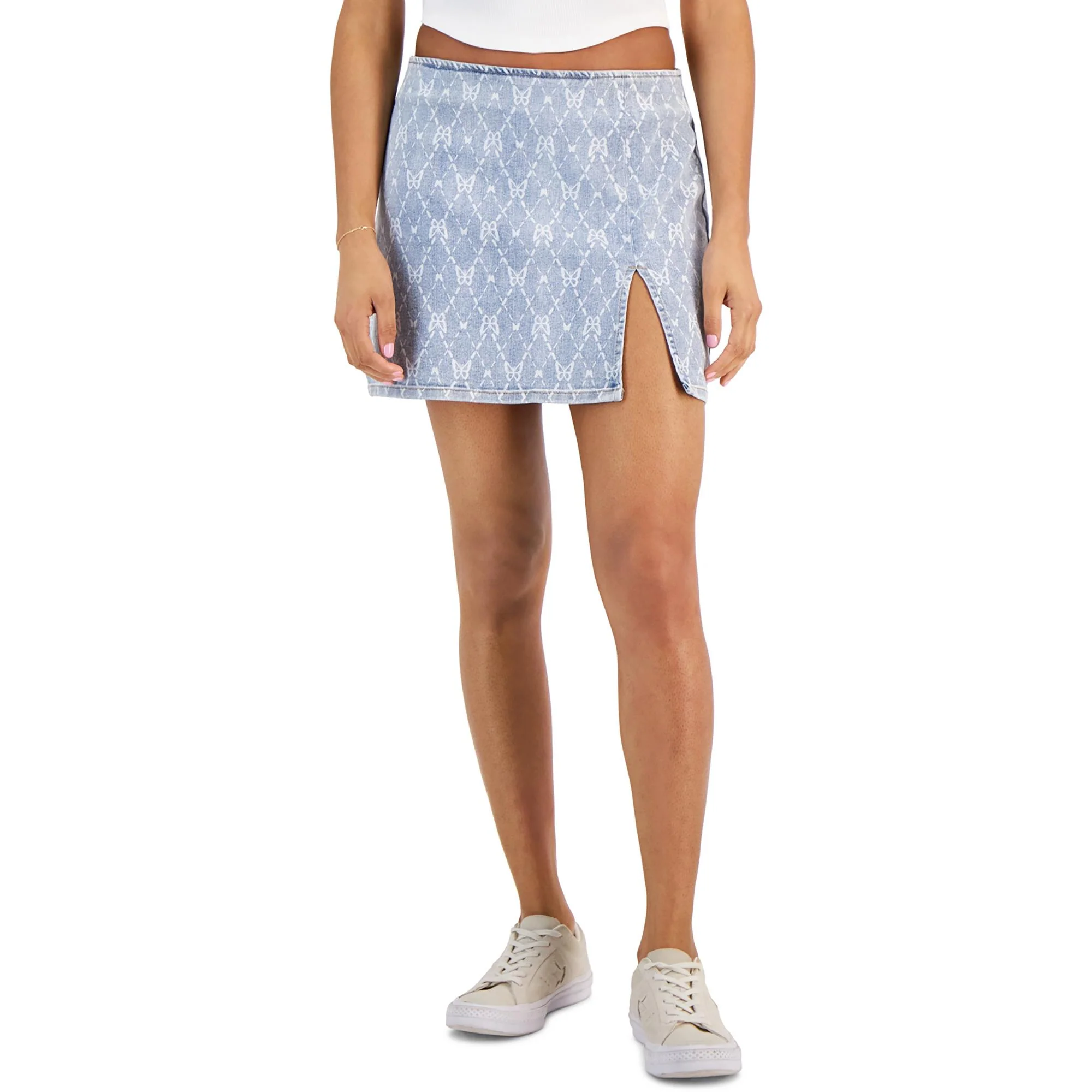 Juniors Womens Mini Printed Denim Skirt