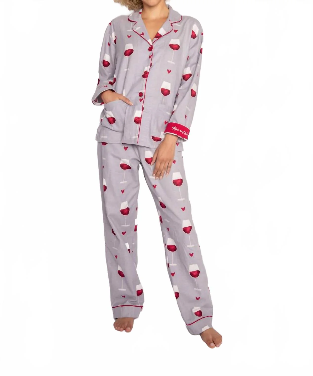 Rise And Wine Flannel Pajama Set In Grey