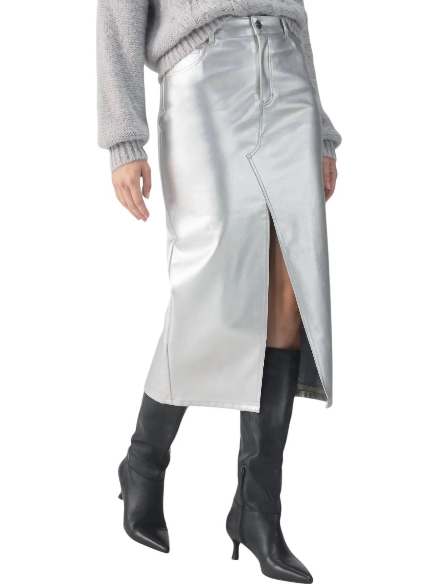 Leather Like Midi Skirt In Silver