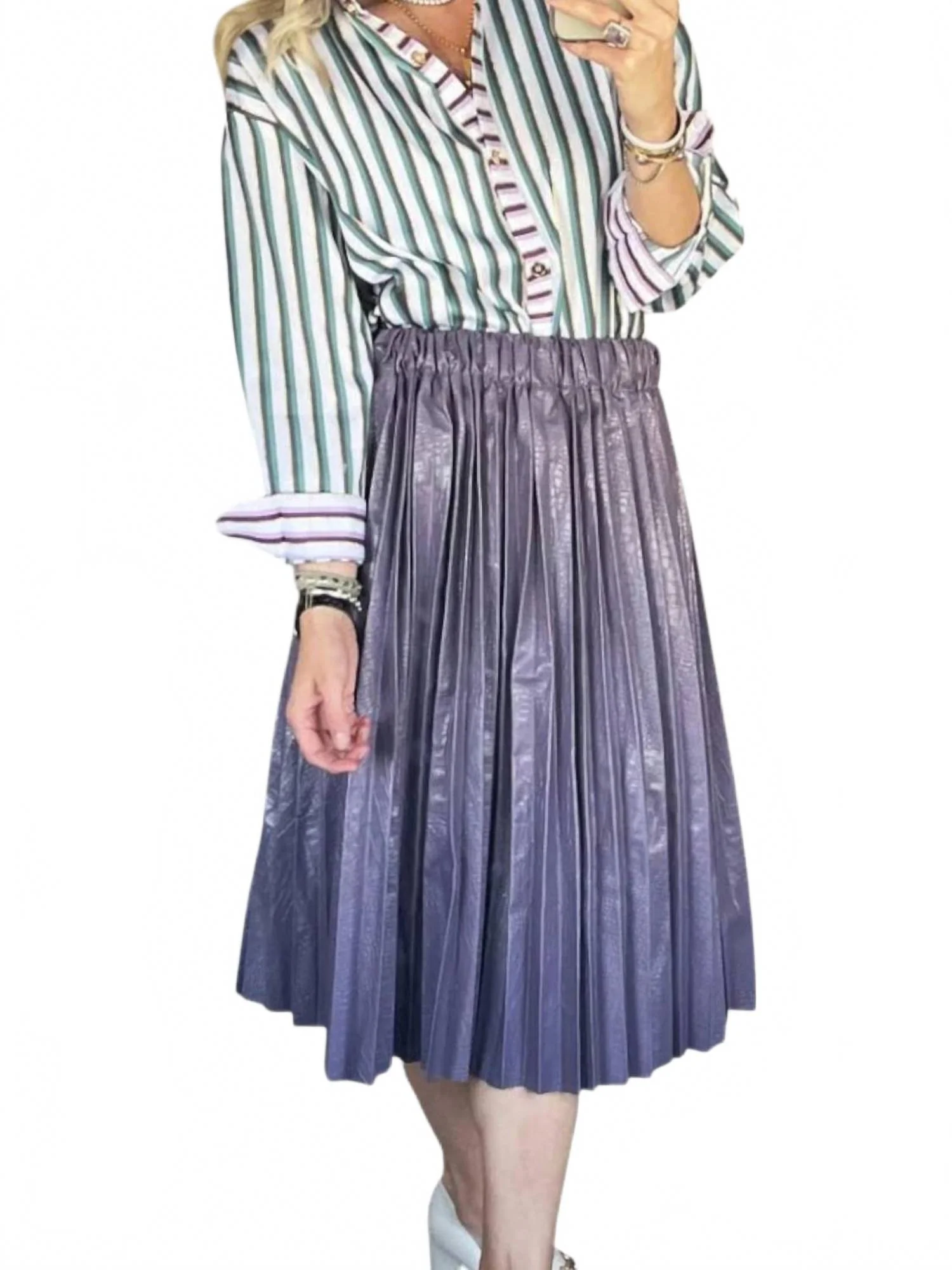 Faux Croc Pleated Skirt In Purple