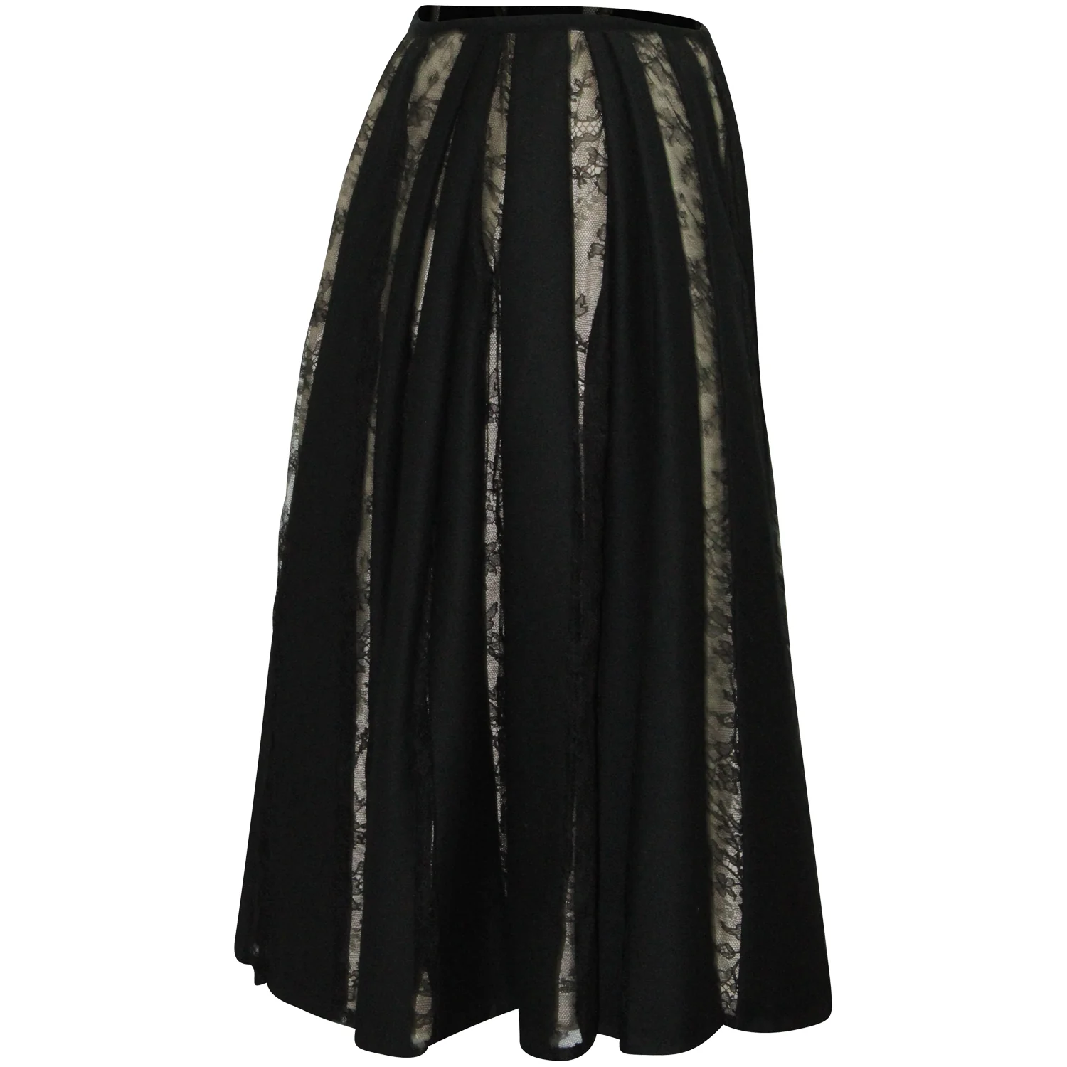 Dries Van Noten Pleated Lace Midi Skirt in Black Wool