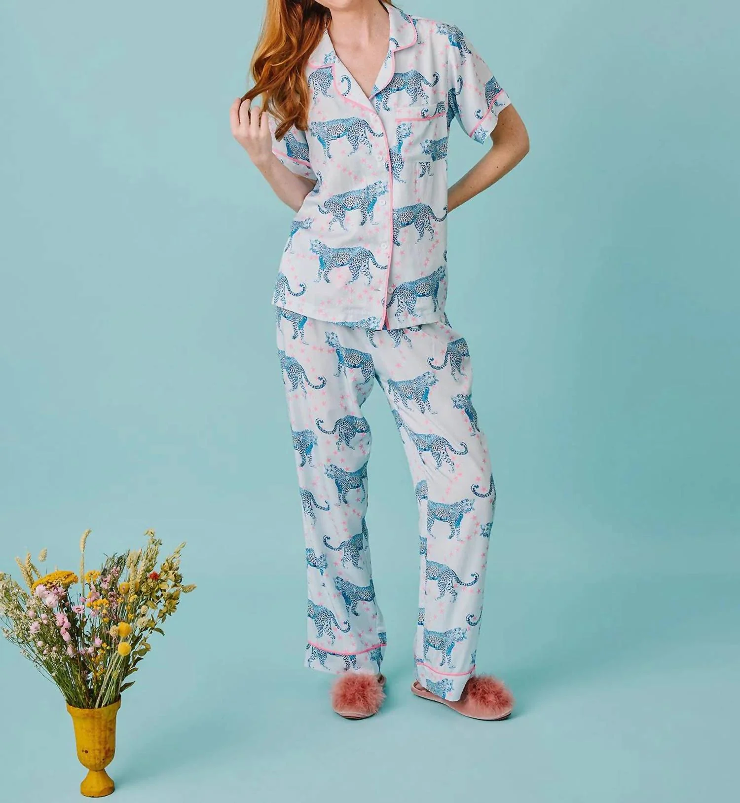 Cosmic Cheetah Pajama Pant Set In Light Blue