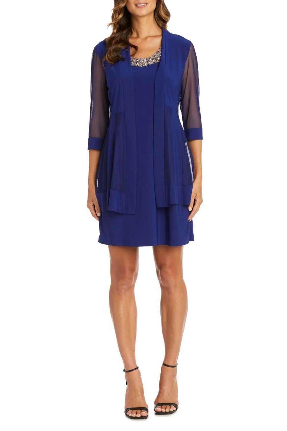 3/4 Sleeve Embellished Jacket & Dress Set In Royal