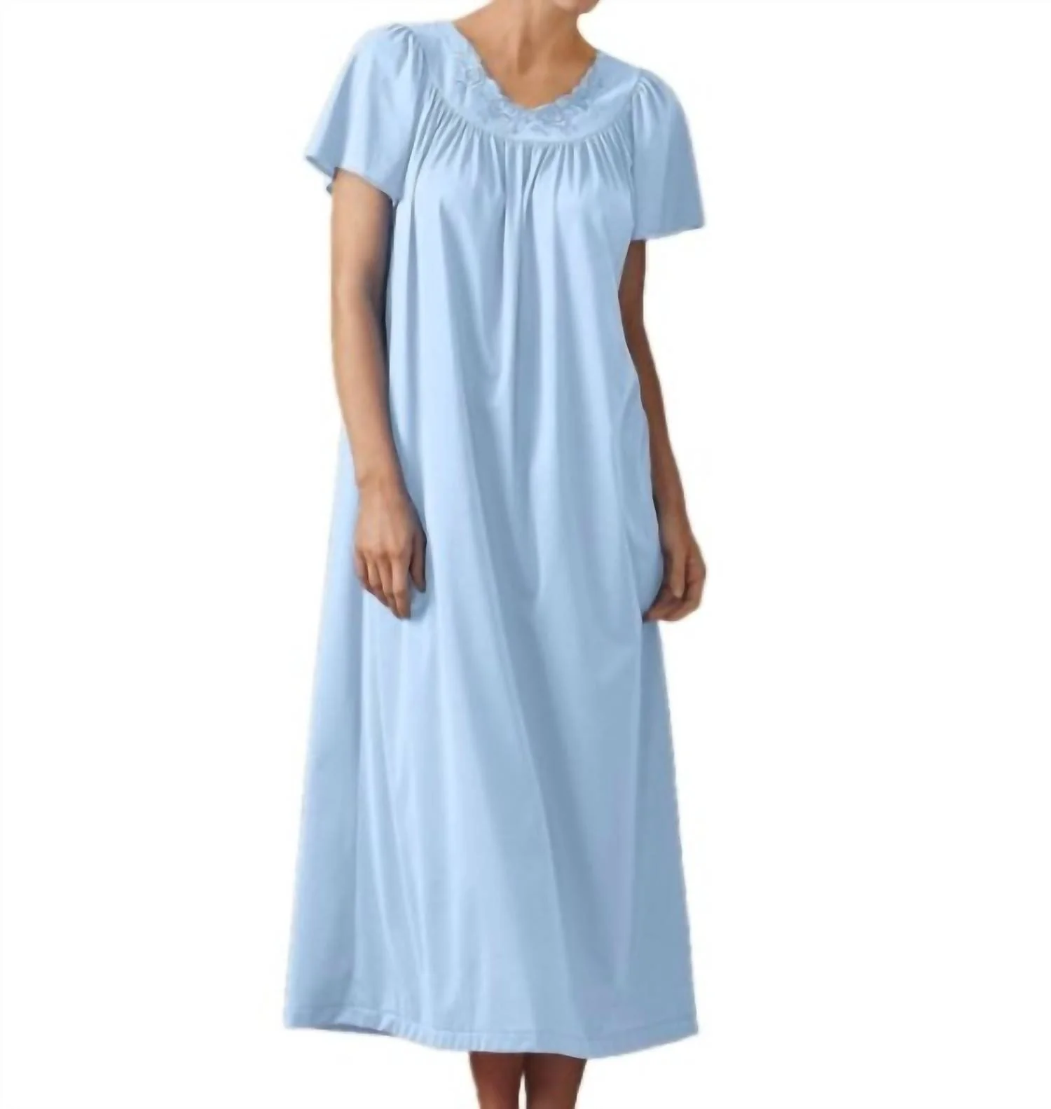 Flower Petal Embroidery And Flutter Sleeves Long Nightgown In Blue