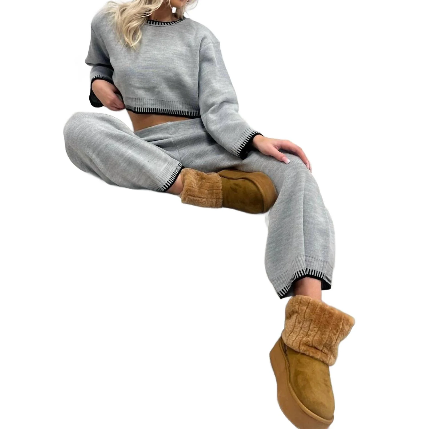 Stitch Hem Cozy Set In Grey