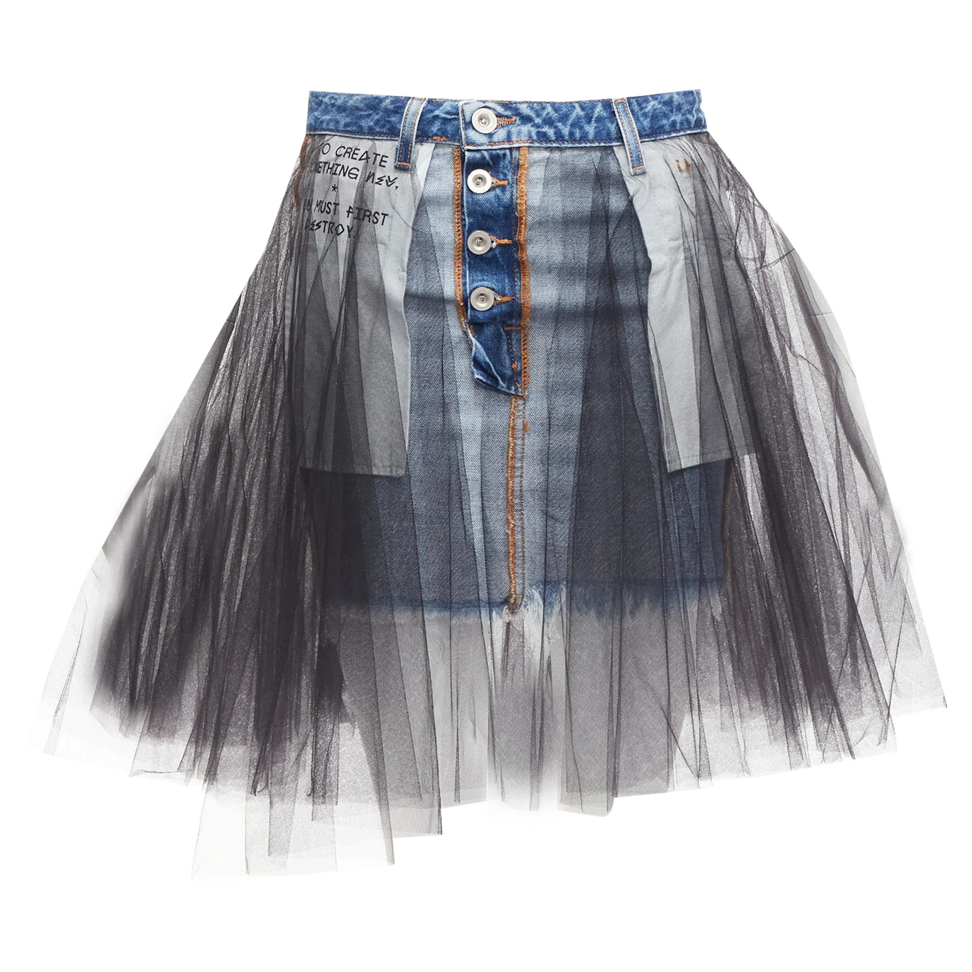 Unravel Project ruffle tulle overlay inside out denim skirt