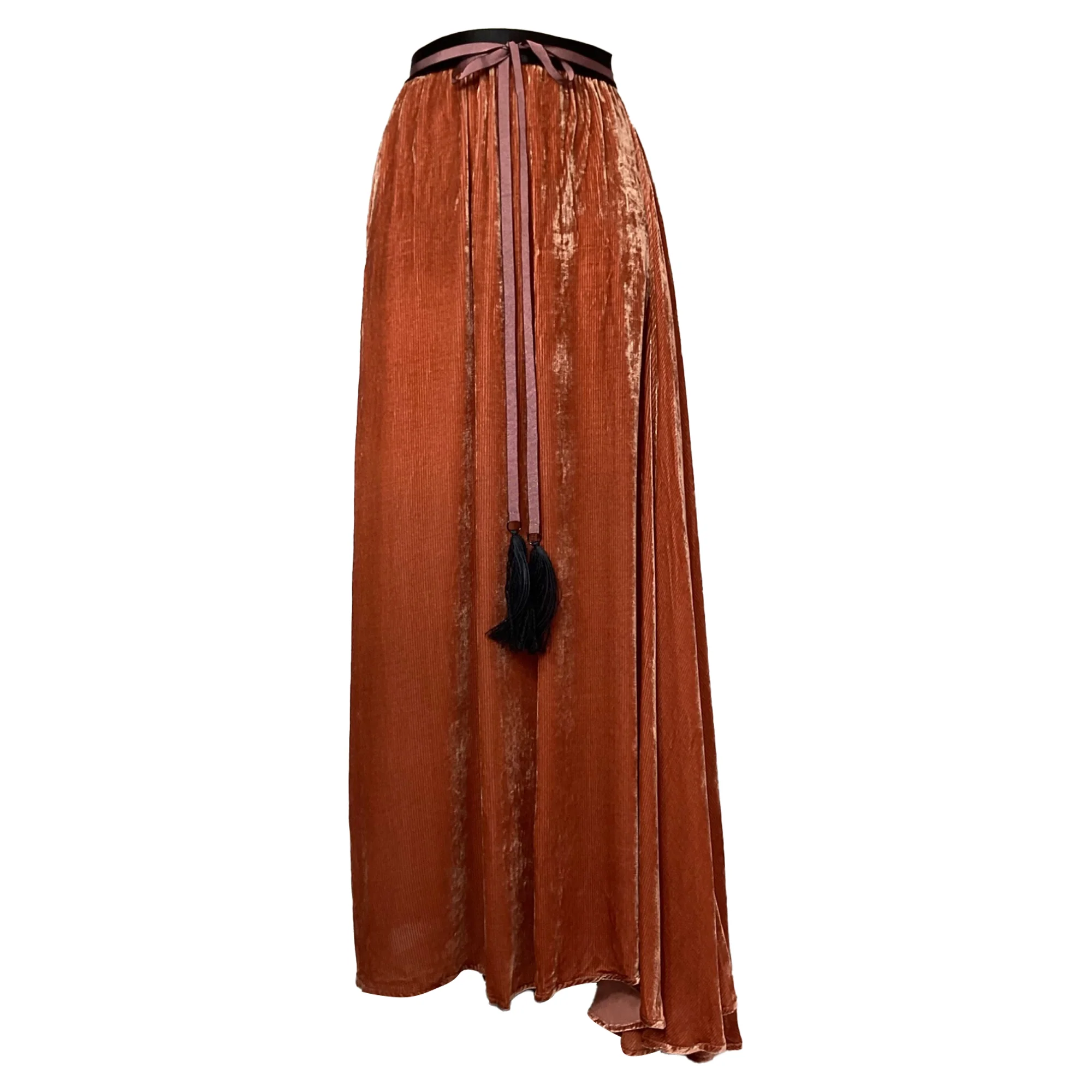 Ann Demeulemeester Ribbed Maxi Skirt with Tasseled Ribbon Belt in Brown Cupro