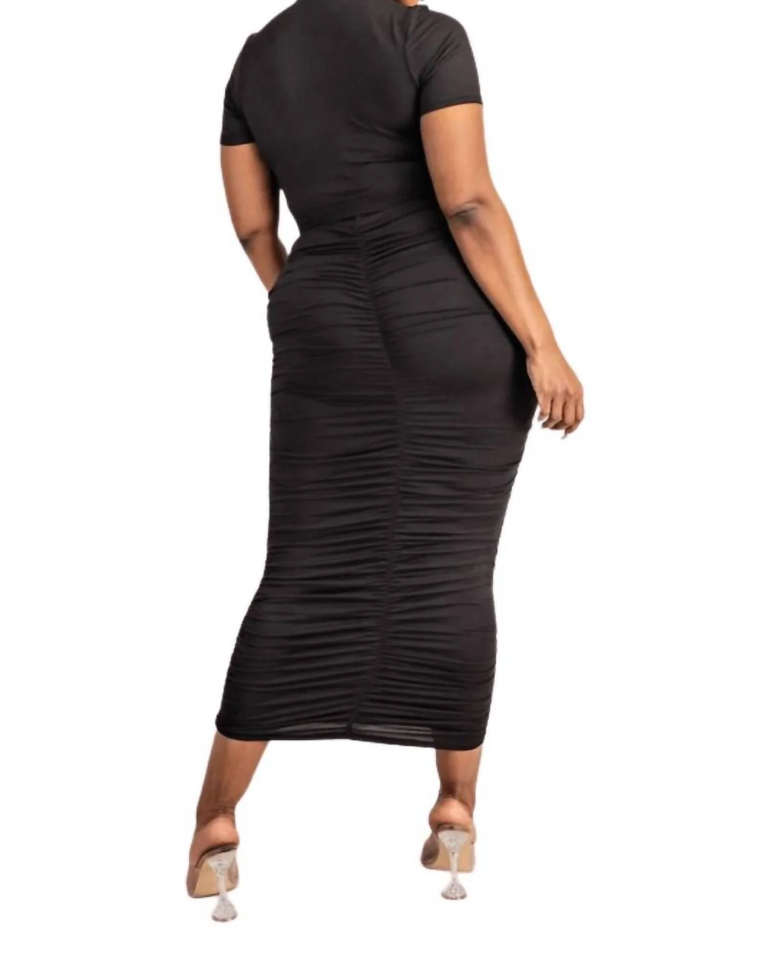 Two Piece Short Sleeve Ruched Top And Skirt Set In Black