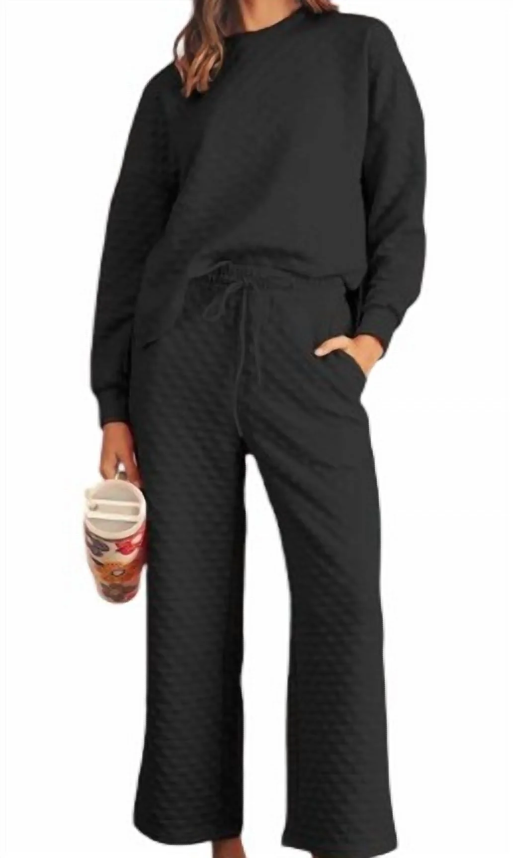 Solid Textured Matching Set In Black