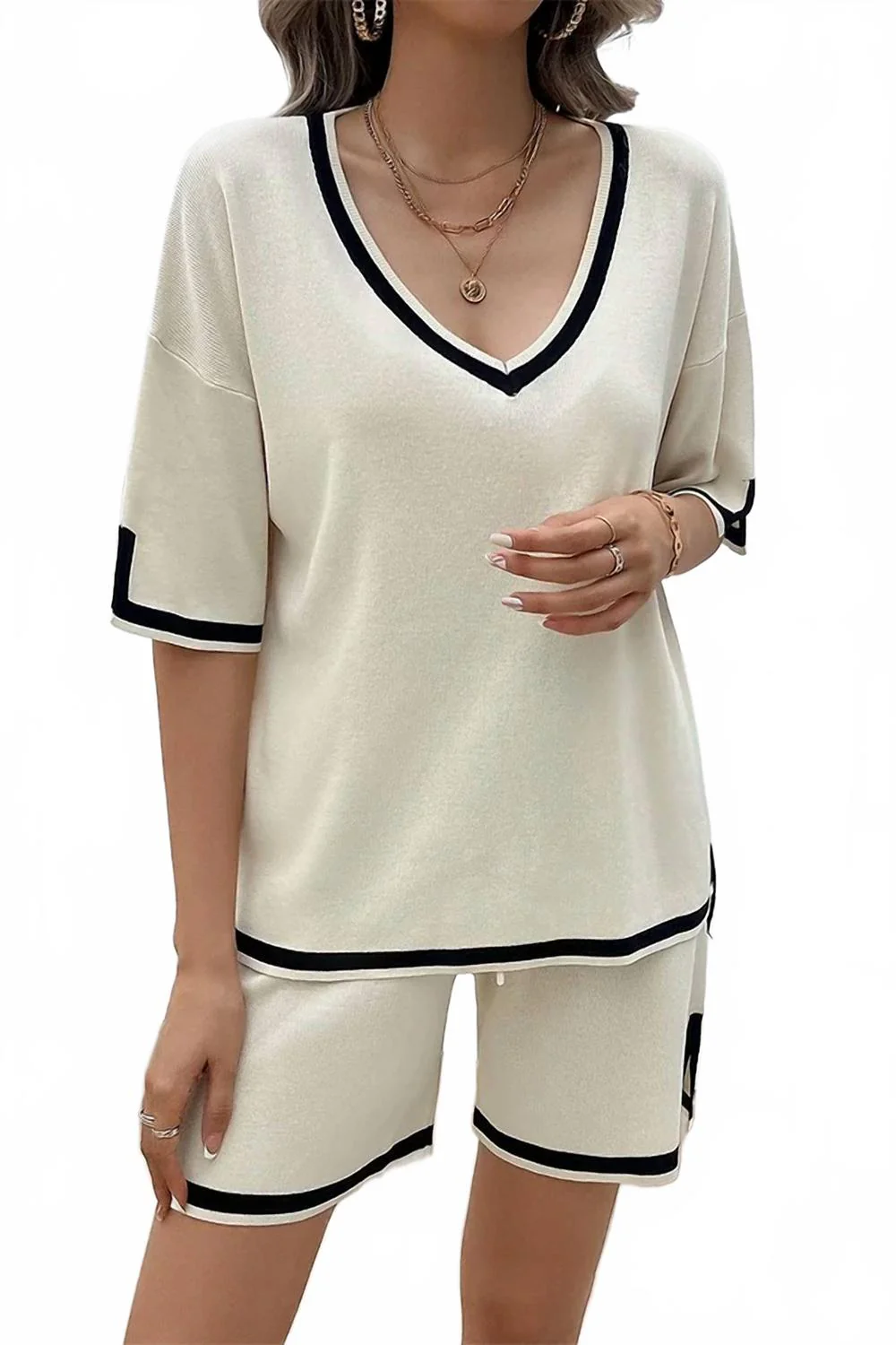 All Put Together Knit Short Set In Beige/black