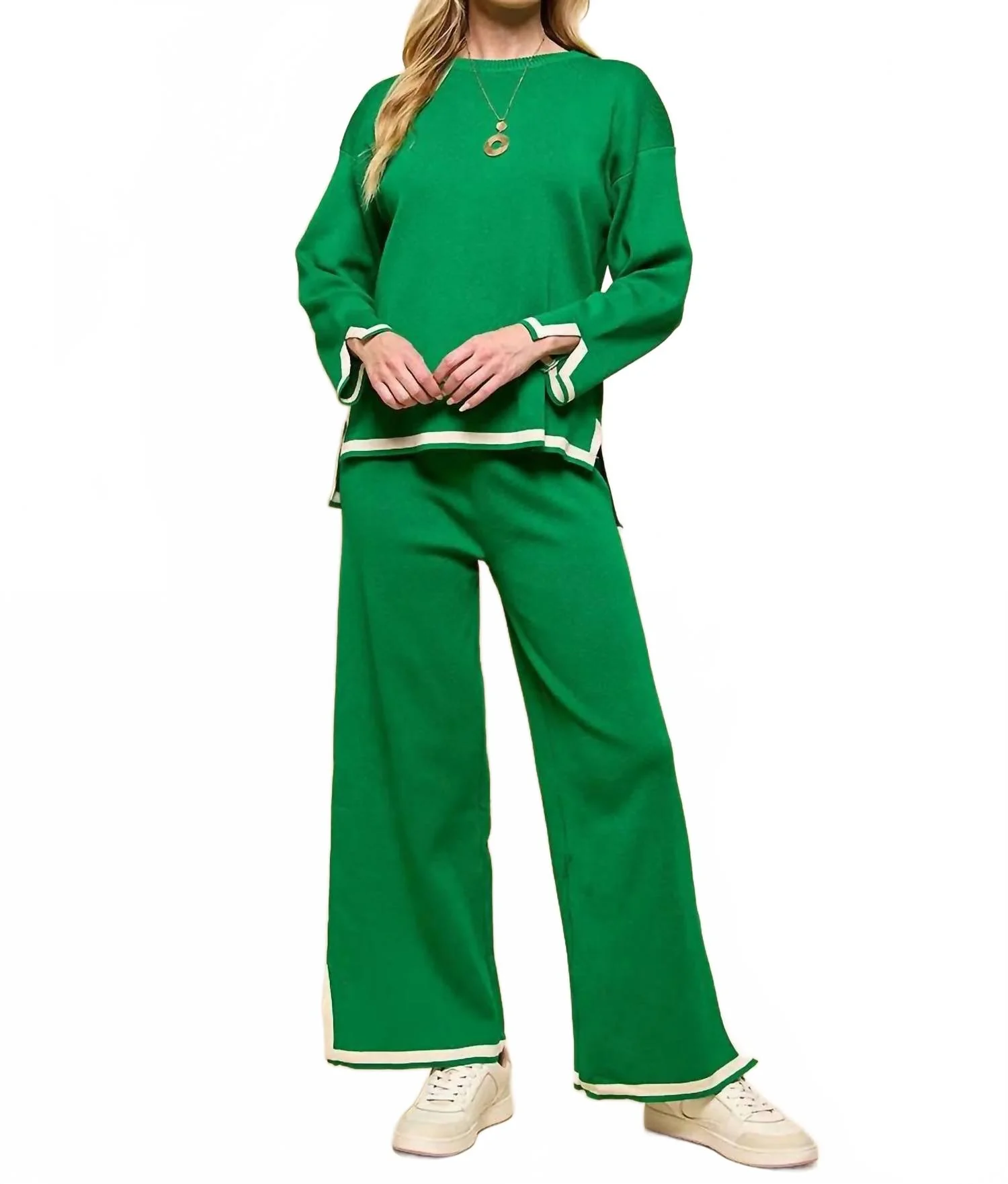 Green Pants Set In Kelly Green With Cream Accents