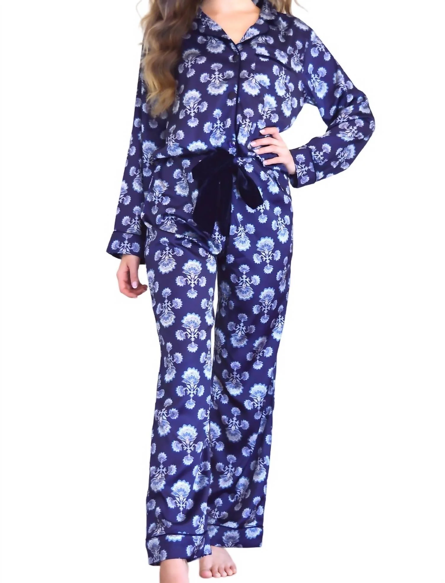 Fan Satin Pant Pj Set In Navy