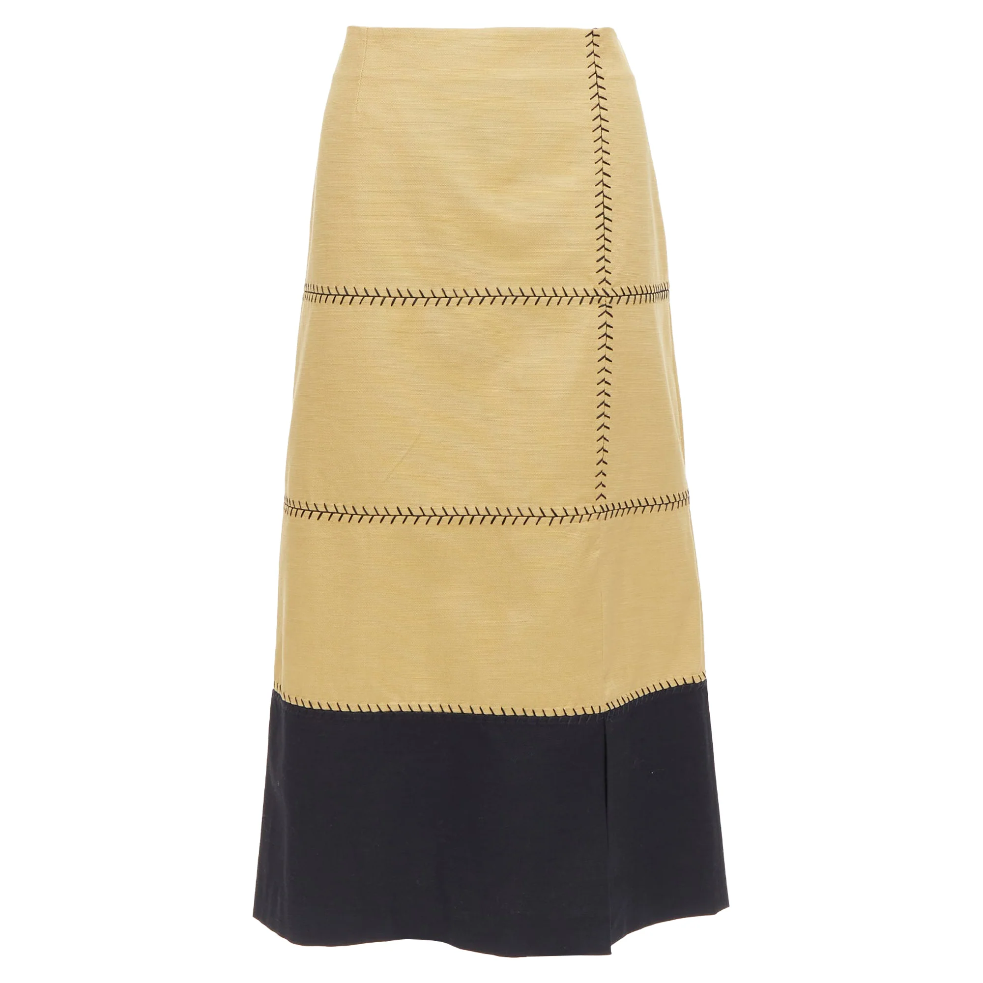 Gabriela Hearst Lyssa tan cotton black whipstitch design midi skirt