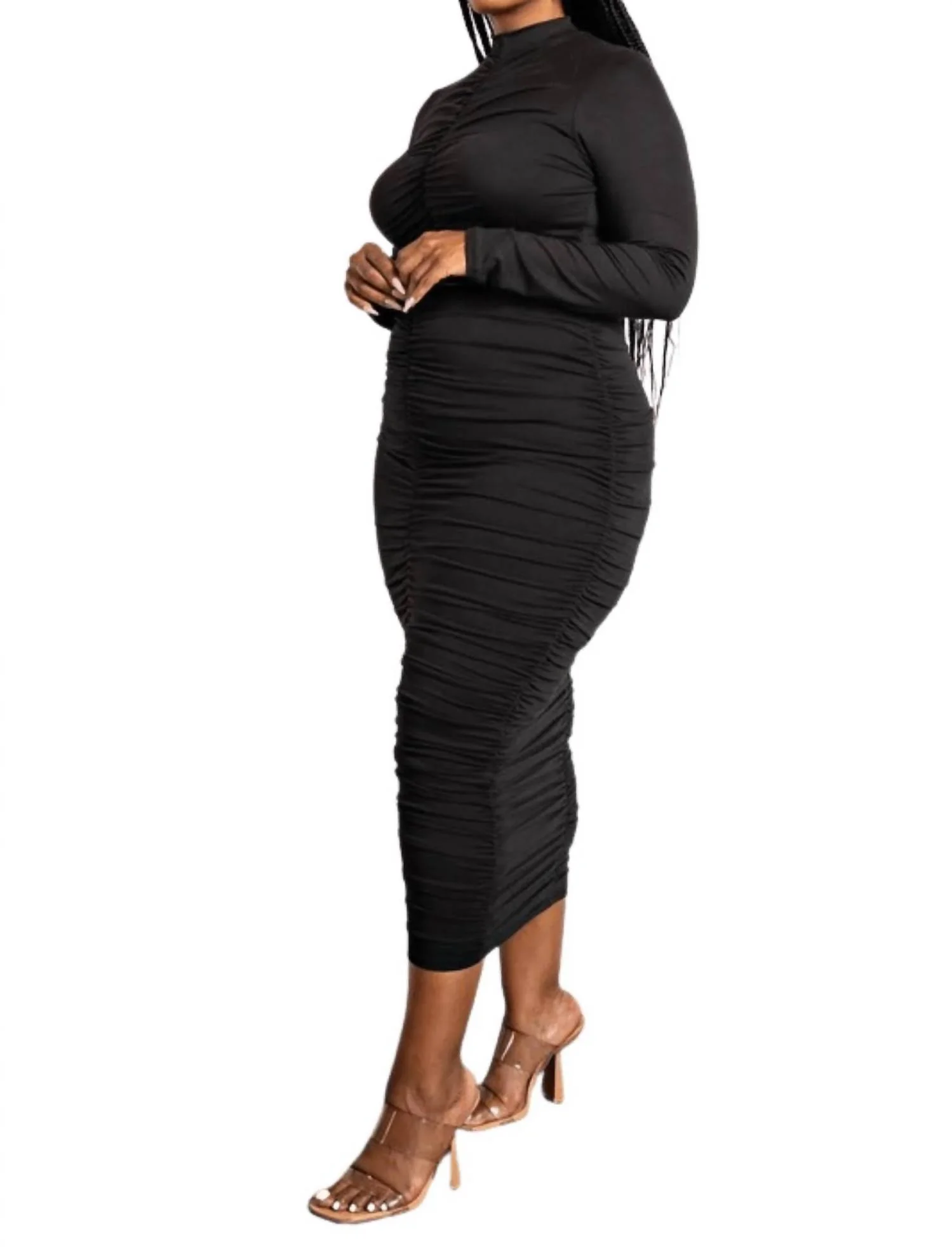 Two Piece Long Sleeve Ruched Top And Skirt Set In Black