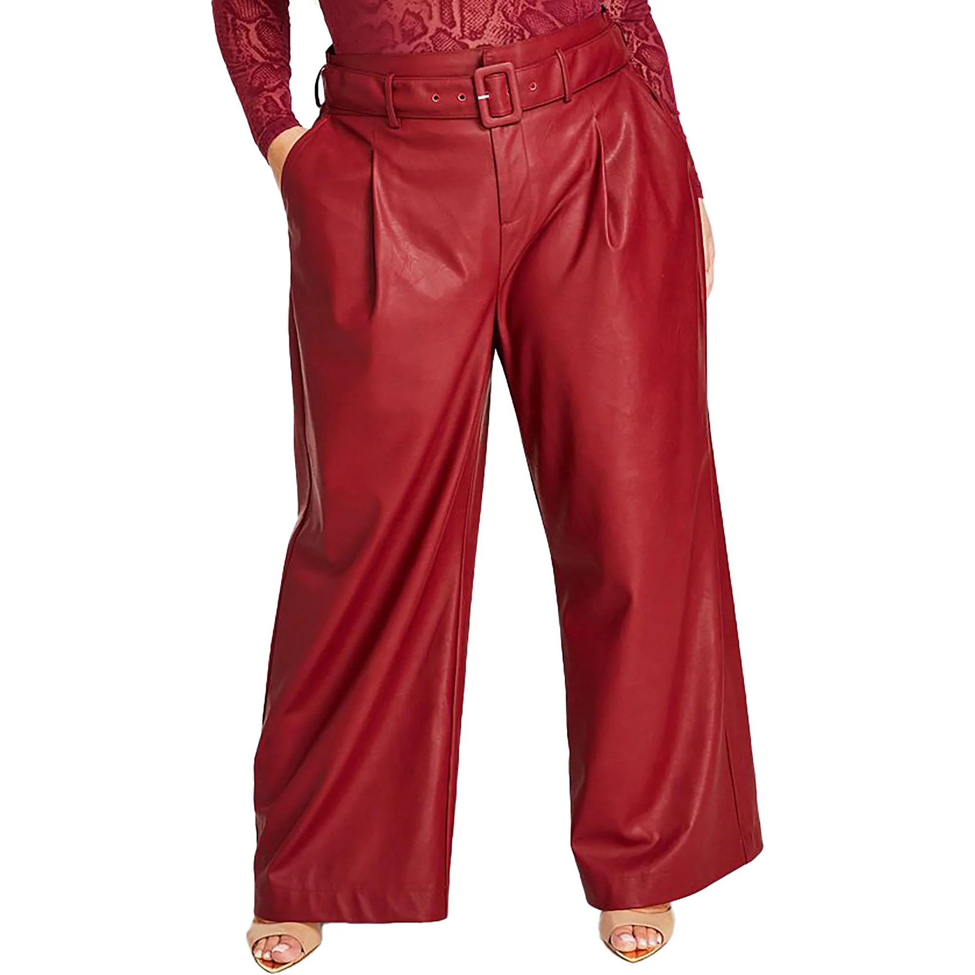 Plus Womens Faux Leather Belted Wide Leg Pants