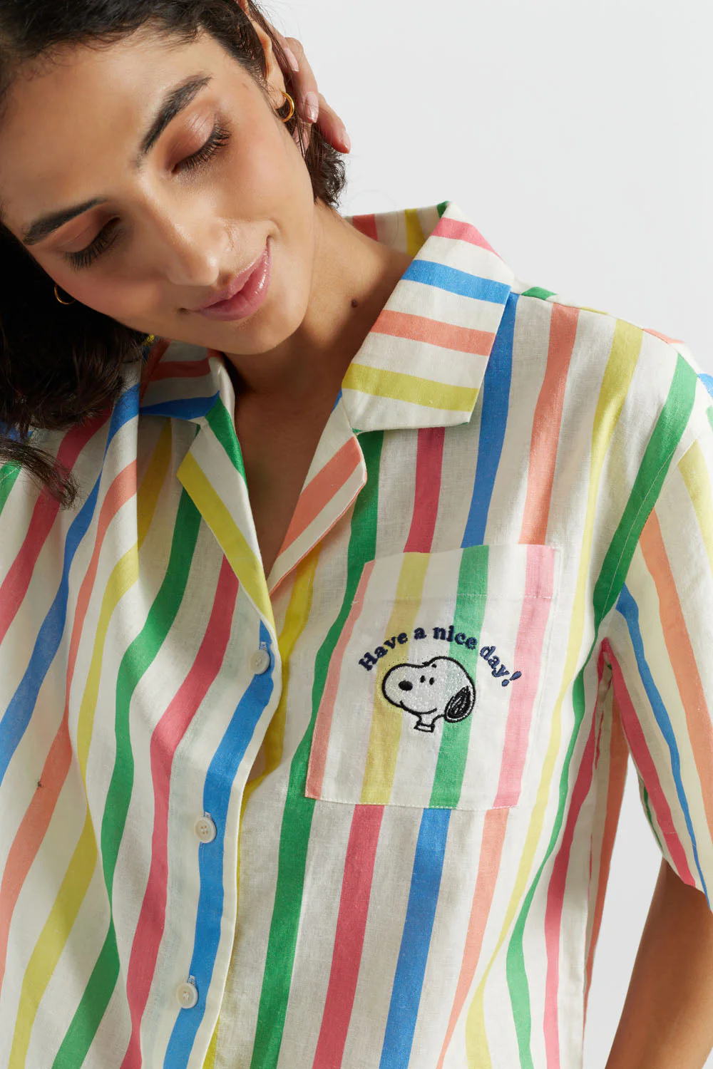 Multi Linen-Cotton Snoopy Stripe Shirt