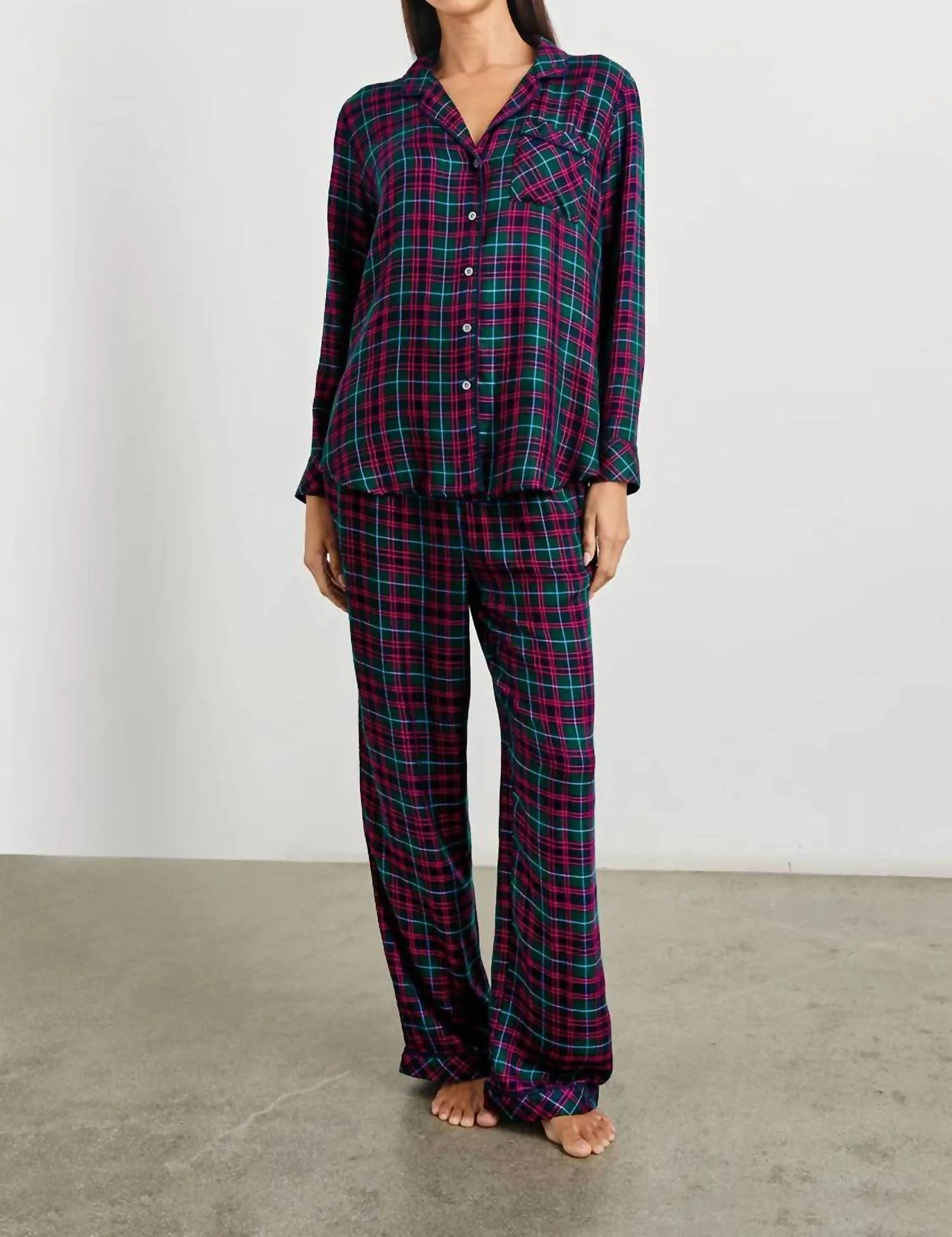 Luna Plaid Pajama Set In Evergreen Fuschia Ice