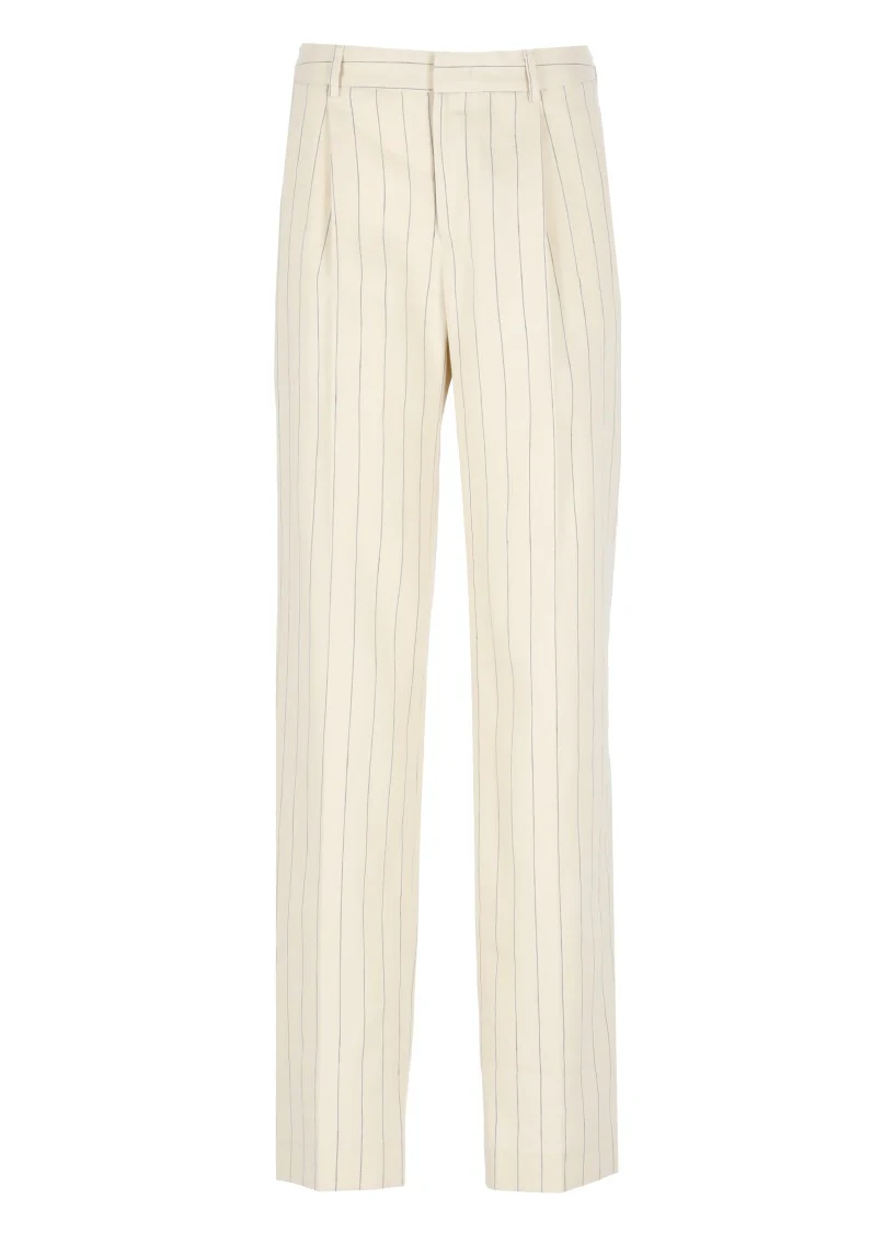Ivory Linen And Cotton Palazzo Pants With Striped Pattern