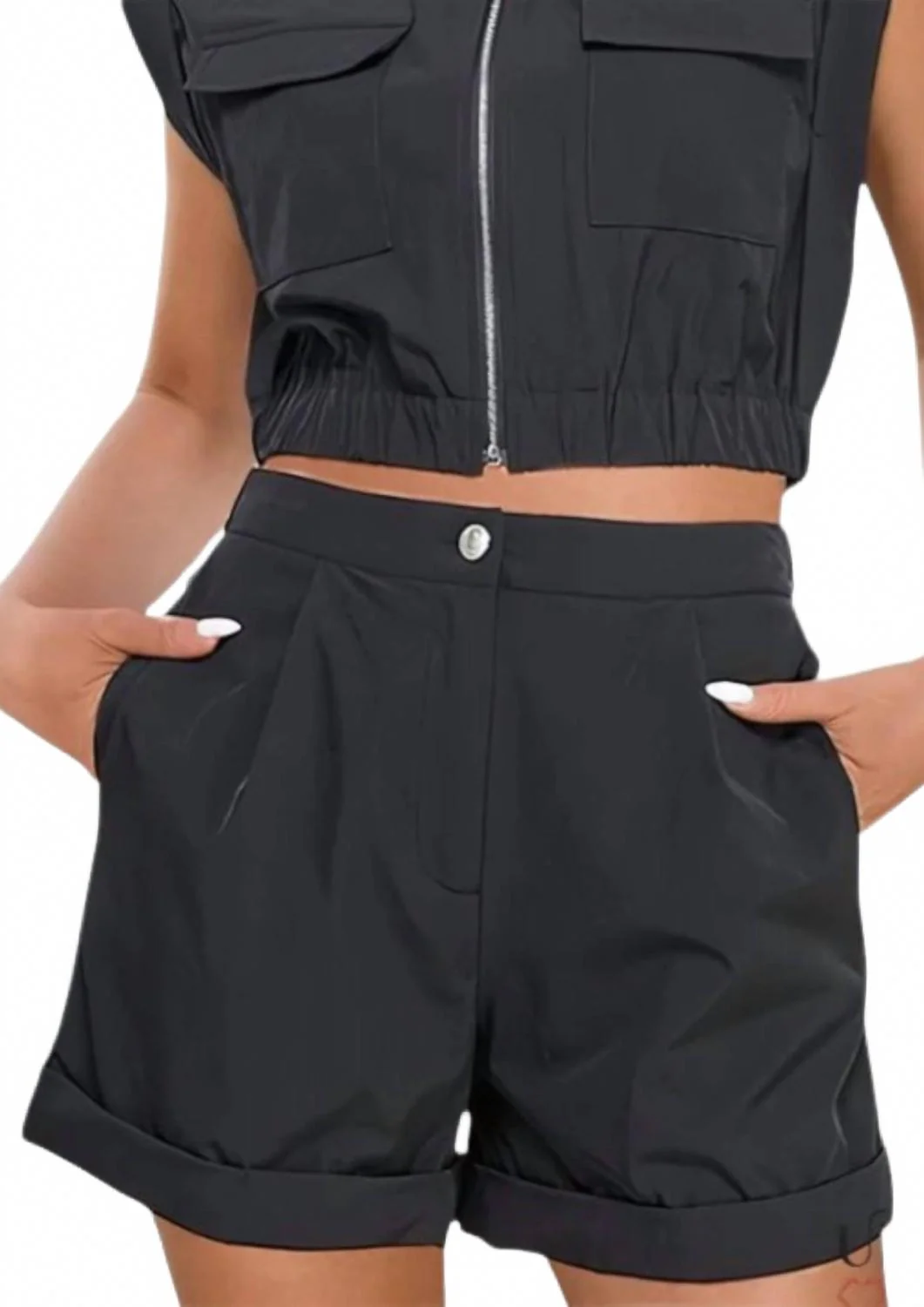 Short Sleeve Vest Top With Rolled Up Short Set In Black
