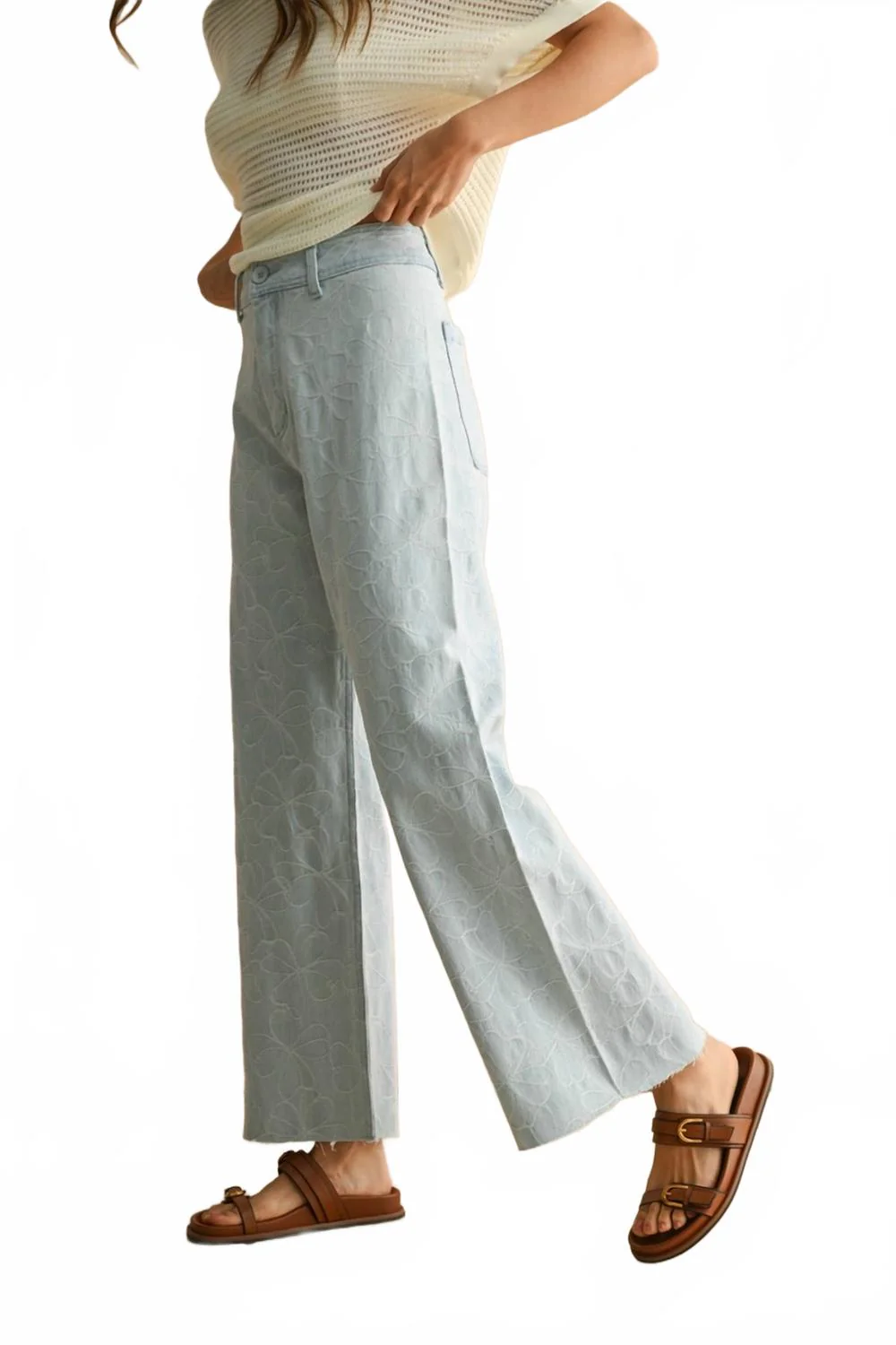 Floral Stitch Pattern Denim Pants In Light Denim