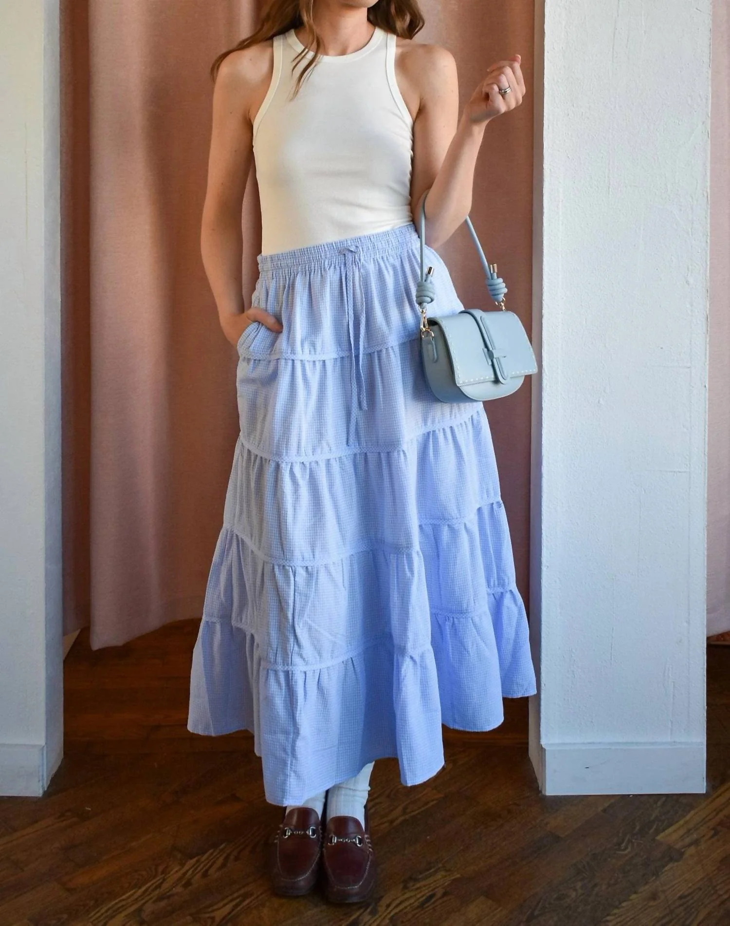 Jen Gingham Tiered Midi Skirt In Blue