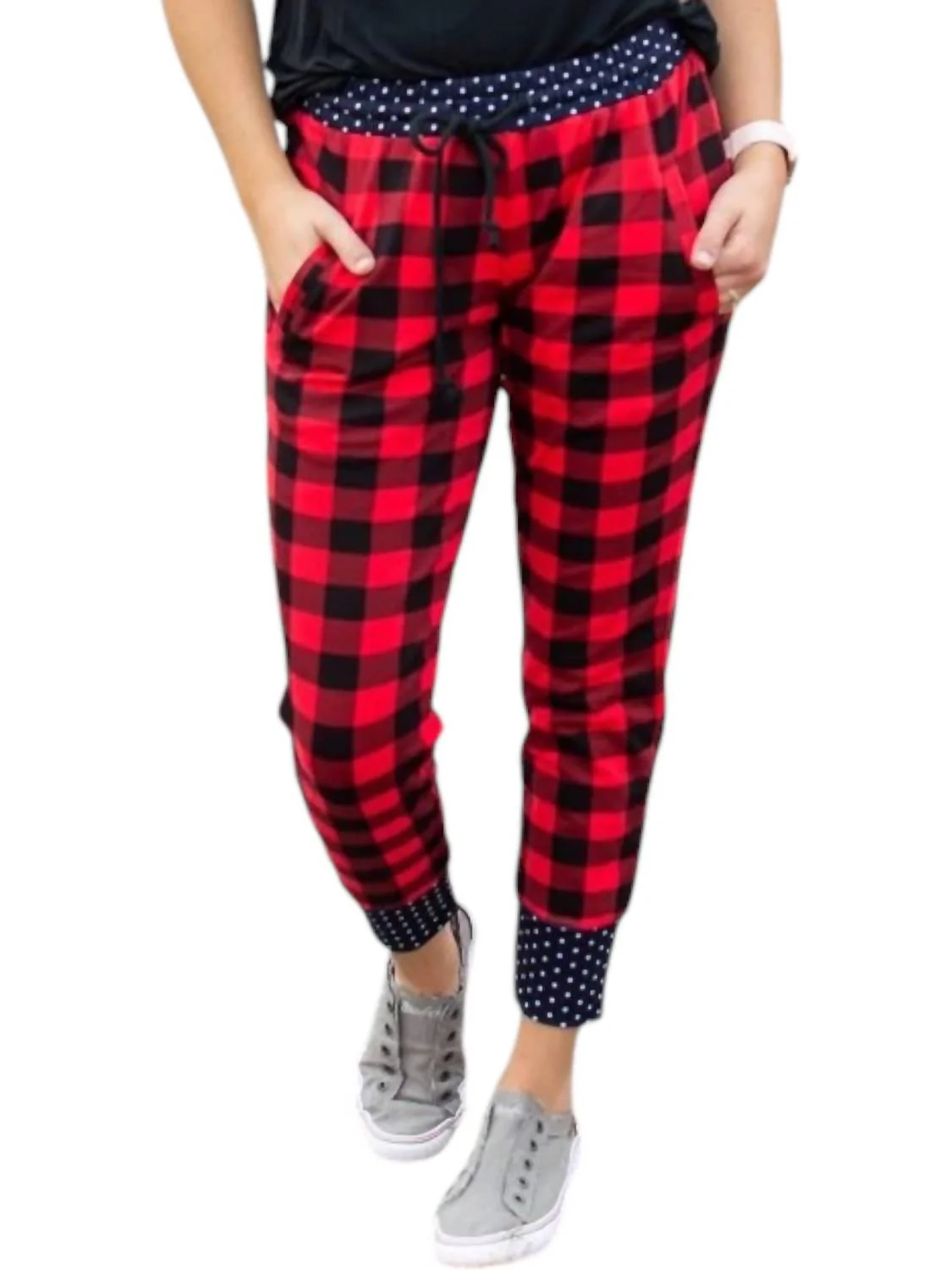 Buffalo Plaid And Polka Joggers In Red/black