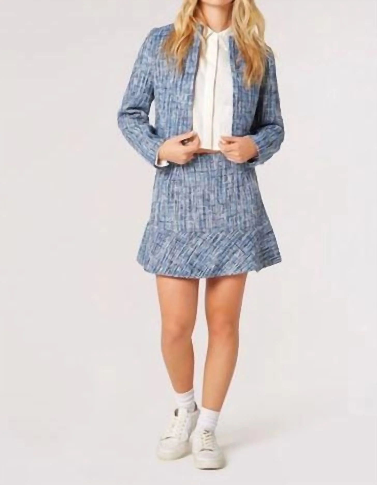 Textured Tweed Collarless Blazer In Blue