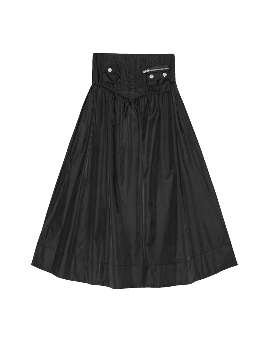 Long Black Nylon Skirt With Fitted Waistband