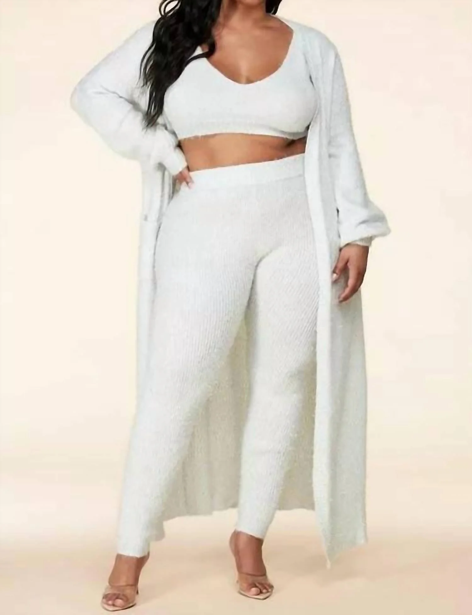 3 Piece Maxi Cardigan Shimmer Set In White With Silver Threading