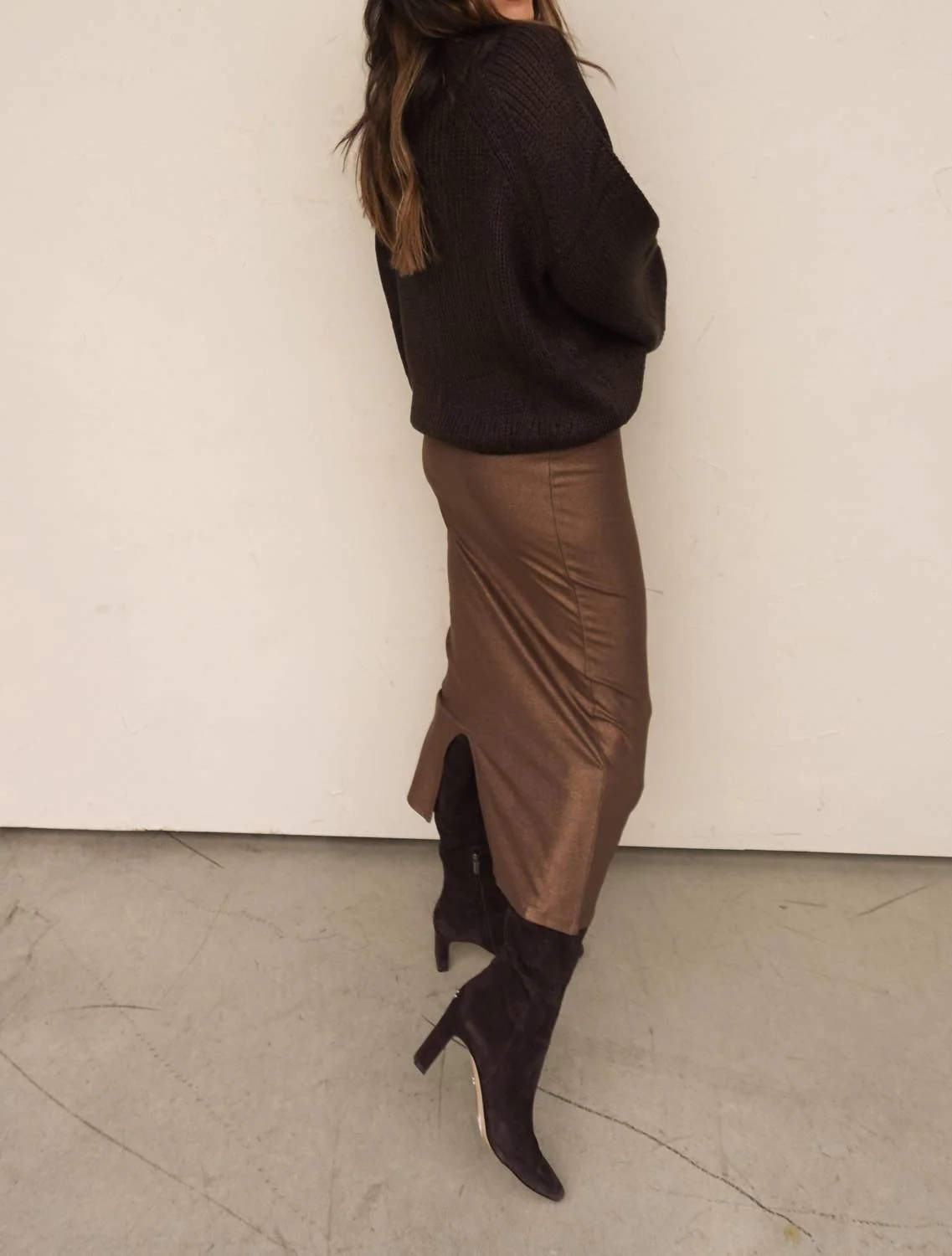 Ribbed Midi Skirt In Coffee Metallic